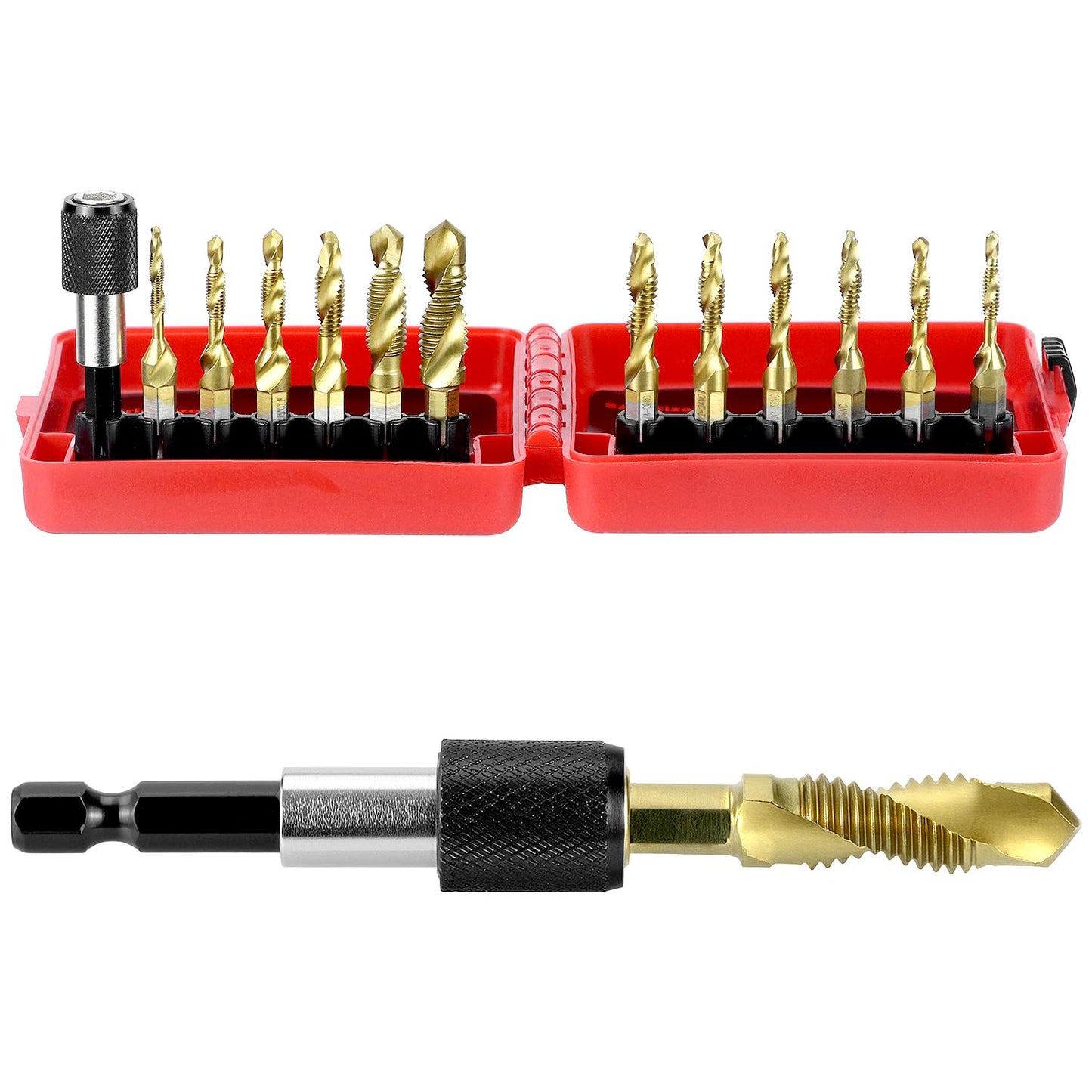 QWORK HSS Tap Bit Set, 13 Pcs SAE/Metric Combination Drill Tap & Tap Bit Set, Screw Tapping Bit Tool for Drilling Tapping