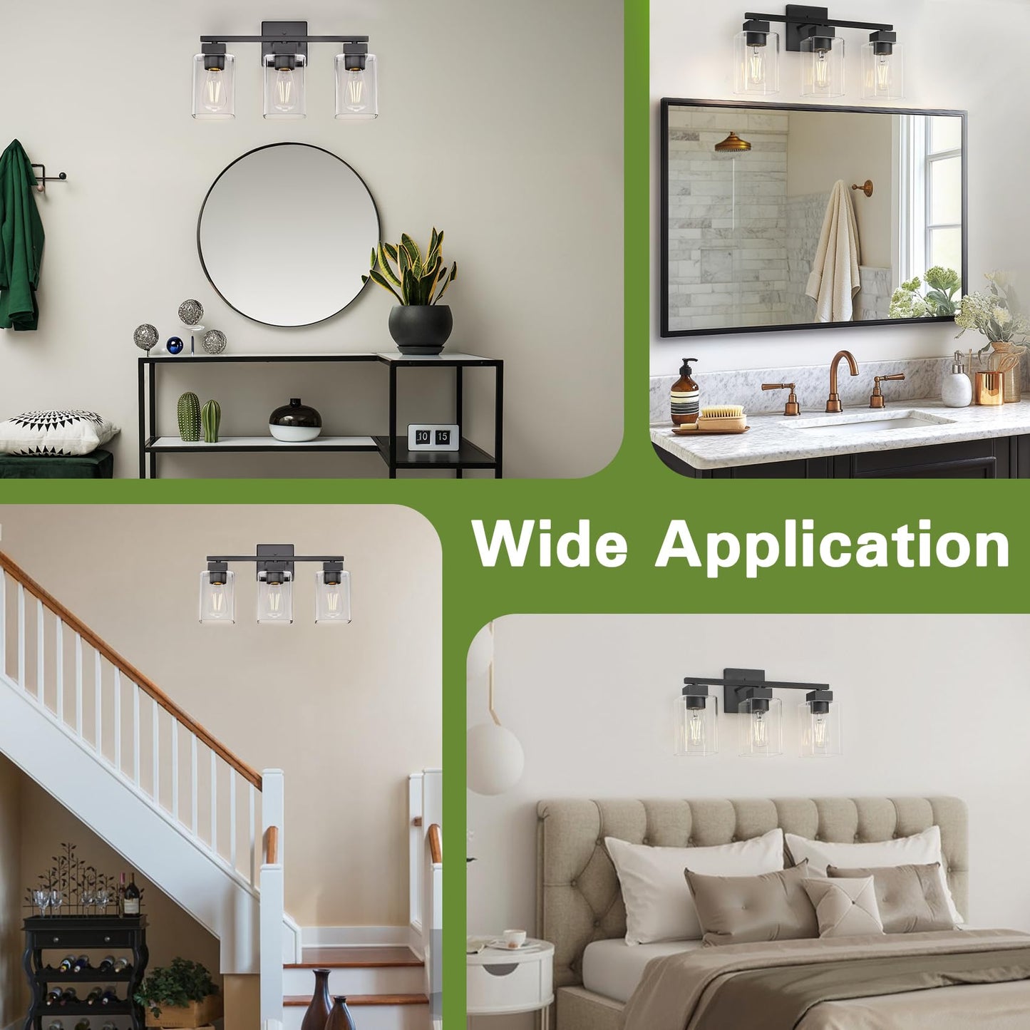 Espird Matte Black 3-Light Bathroom Vanity Light, Square Wall Sconce with Clear Glass Shades, UL Certified, E26 Socket (Bulbs Not Included)