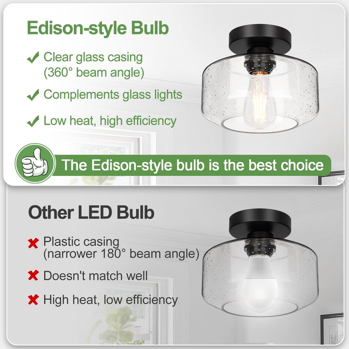 Industrial Semi-Flush Ceiling Light with Seeded Glass Shade, 800 Lumen LED Included, Farmhouse Fixture for Hallway, Kitchen & Bedroom