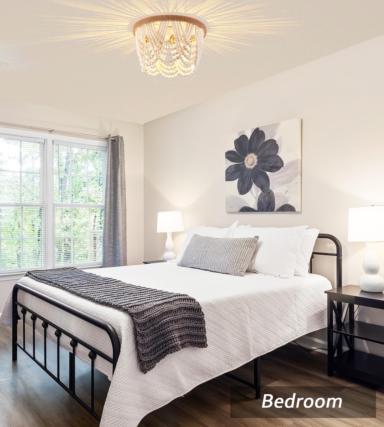 Capslpad Wood Beaded 3-Light Flush Mount Ceiling Light, Rustic Antique Mini Chandelier, White Boho Fixture for Bedroom & Hallway