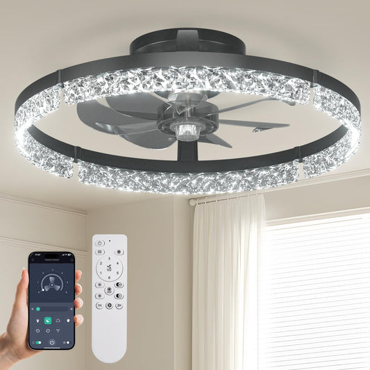 **Passky 19.7” Low Profile Ceiling Fan with Light & Remote, Dimmable LED Flush Mount, 6 Speeds, 3000K–6000K, Black Modern**