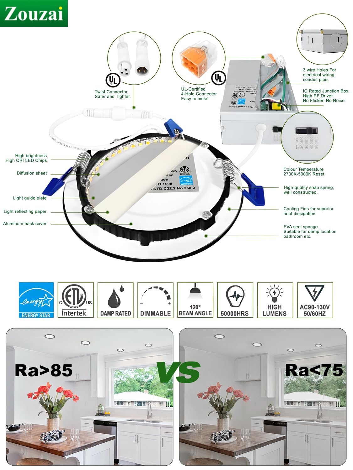 Zouzai 4" Black LED Recessed Ceiling Light 5CCT 9W Dimmable w/ Junction Box, 2700K-5000K, ETL & Energy Star Certified, 6 Pack