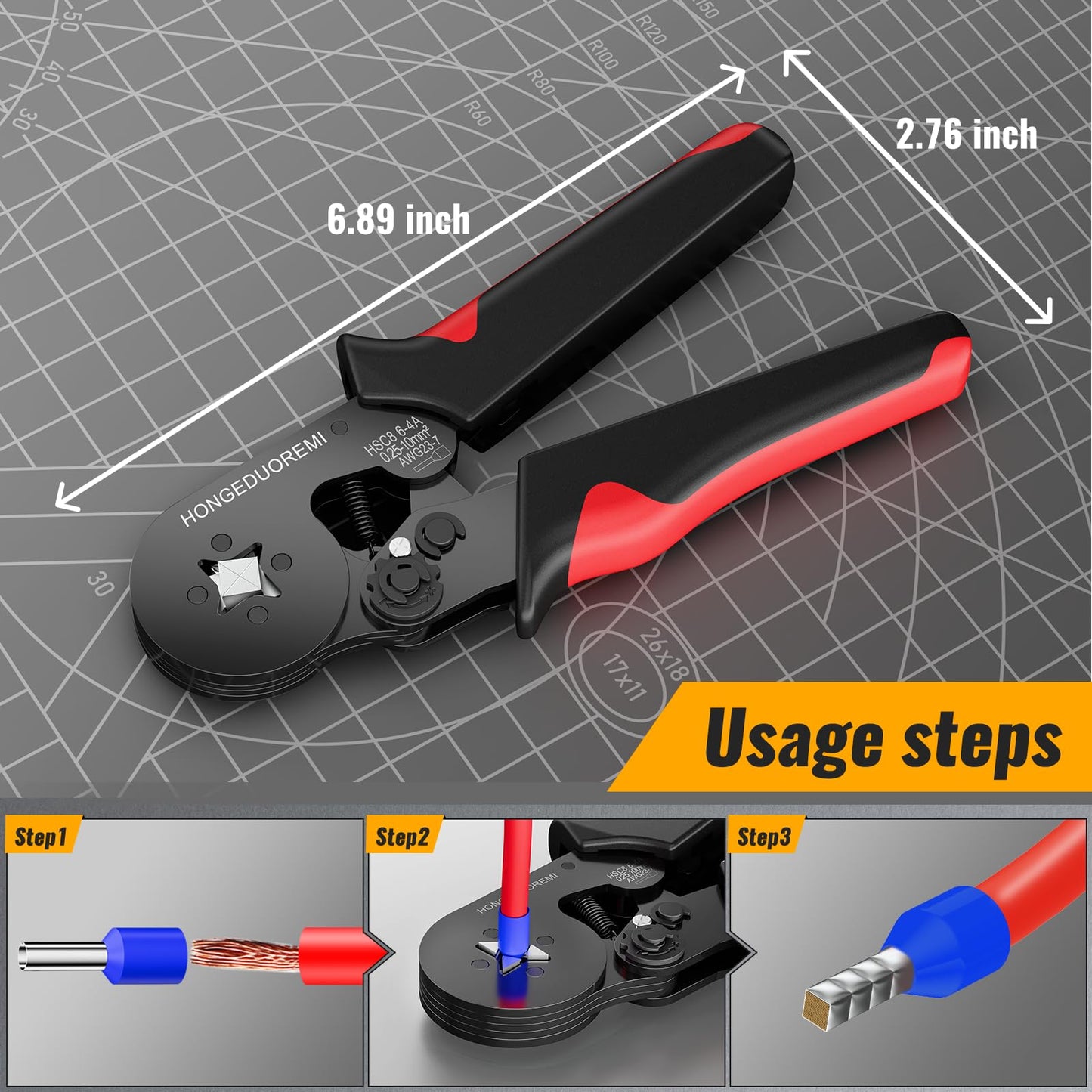 Ferrule Crimping Tool Kit with 1800pcs Wire Ferrules, Self-Adjusting 4-Corner Crimper AWG 23-7, Ratchet Pliers for Electrical, Car, Audio & DIY