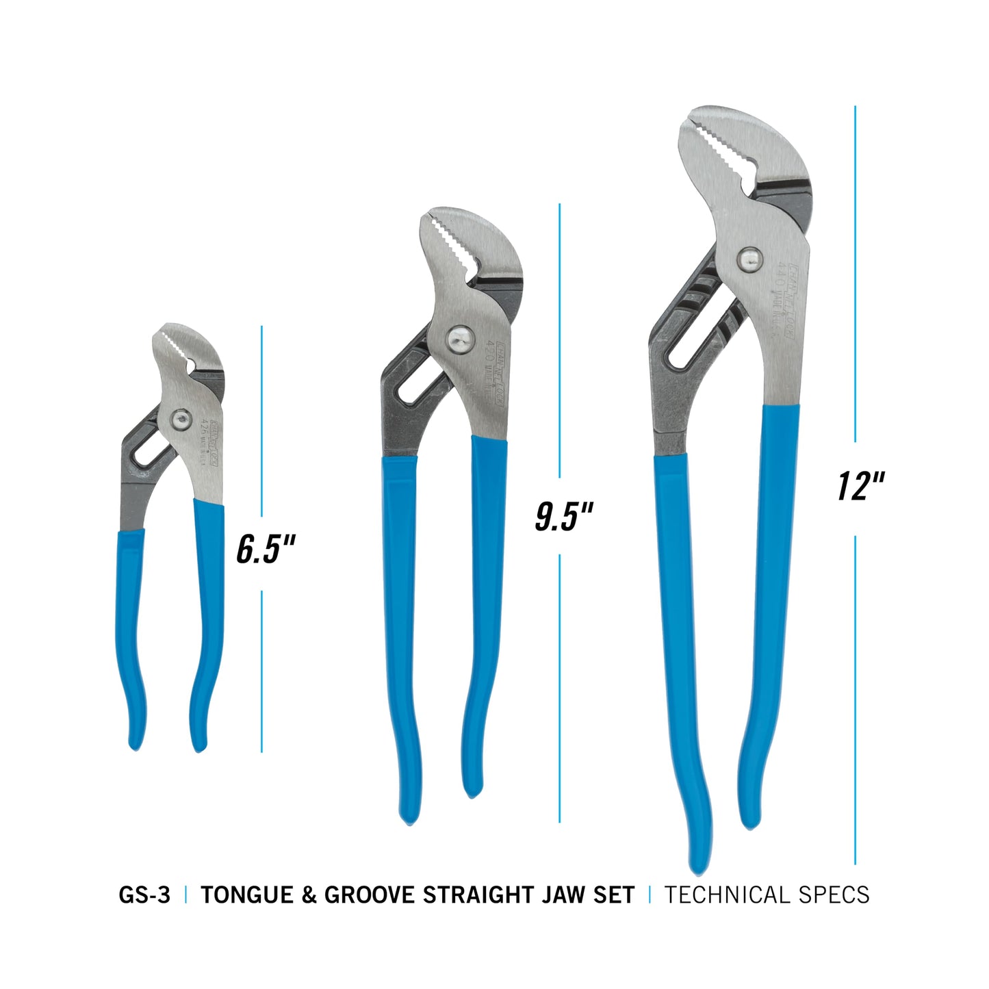 Channellock 3pc Tongue & Groove Pliers Set GS-3 - Laser Heat-Treated Teeth, High Carbon Steel - 6.5", 9.5", 12"