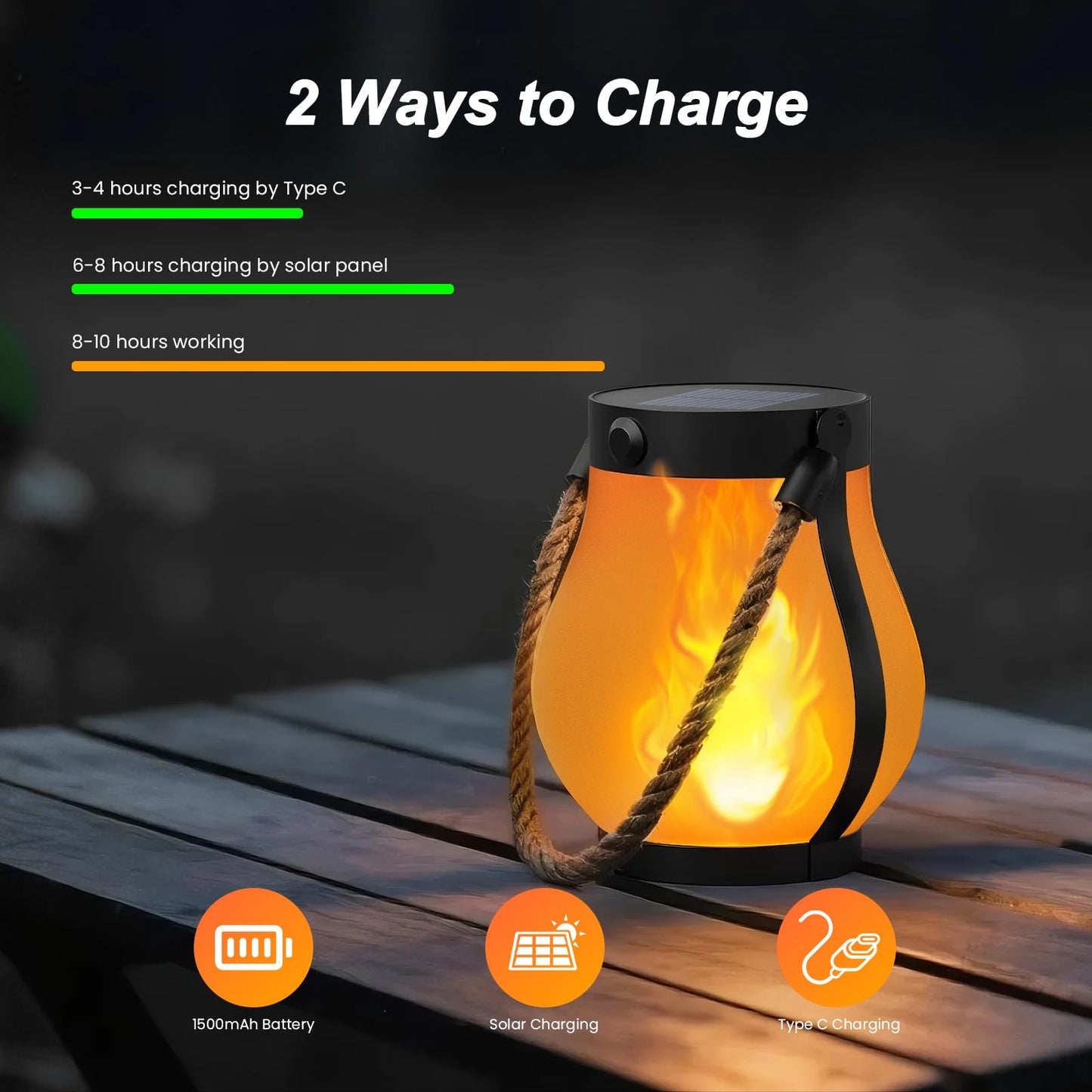 Hompavo Gen2 Solar Lanterns Outdoor, Dual Charging USB/Solar, 2 Modes, Waterproof Hanging/Table Lights for Yard, Patio, Garden, 2-Pack