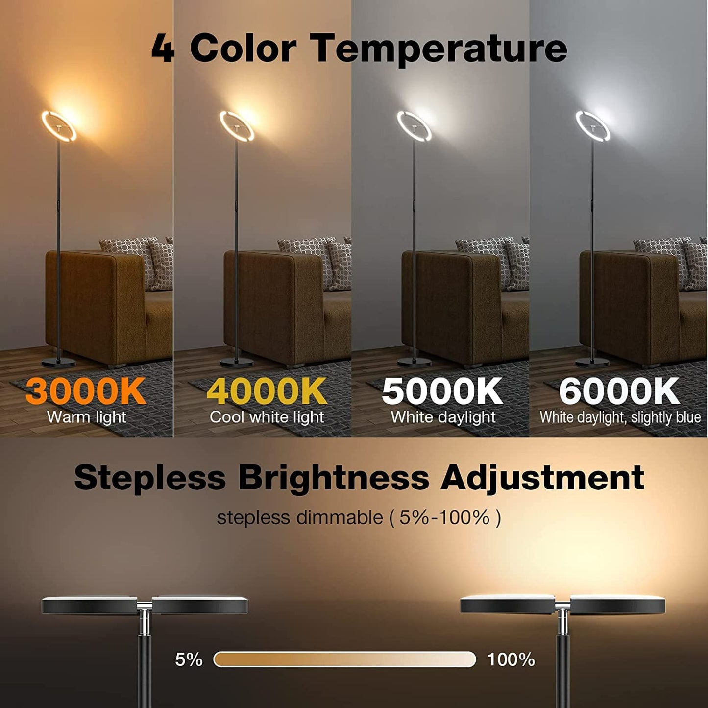 SIBRILLE LED Floor Lamp, 22W Dimmable Standing Light, Touch & Remote Control, 3000-6000K, Rotatable Uplighter for Living Room & Bedroom