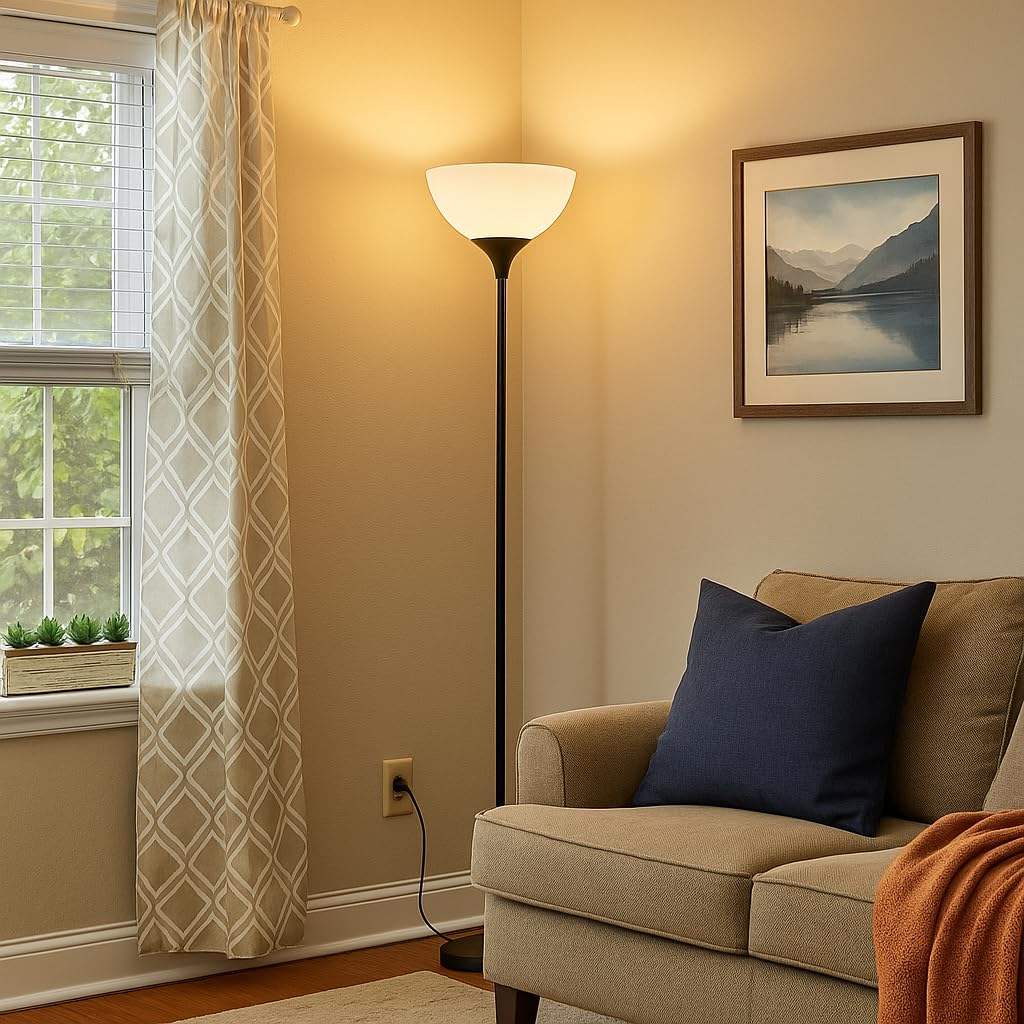 PESRAE Matte Black Floor Lamp with Remote, Stepless Dimming & Color Temperature, Torchiere Lamp for Bedroom & Living Room, Bulb Included