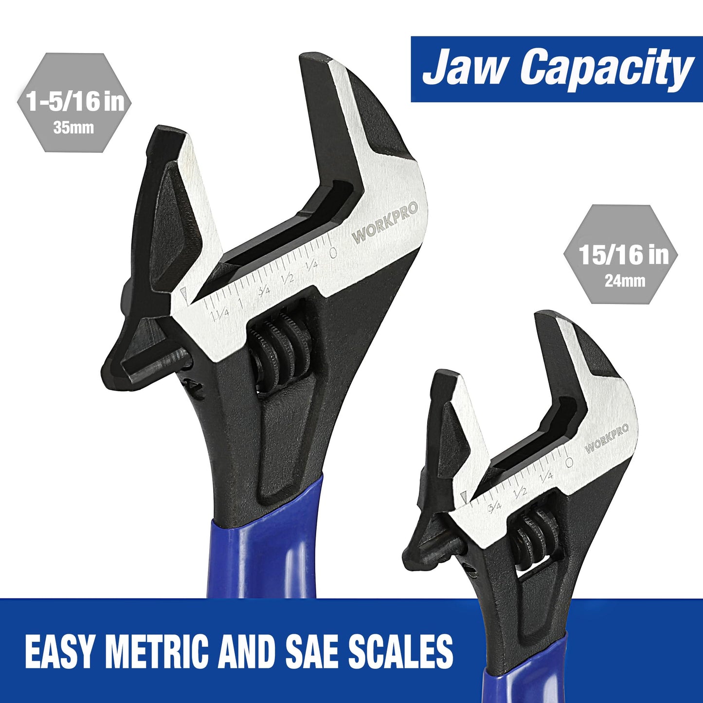 WORKPRO 2-Piece Adjustable Wrench Set, 6" & 10" Black Oxide Cr-V Steel, Metric & SAE, Max Jaw 15/16" & 1-5/16", Home & Garage Use