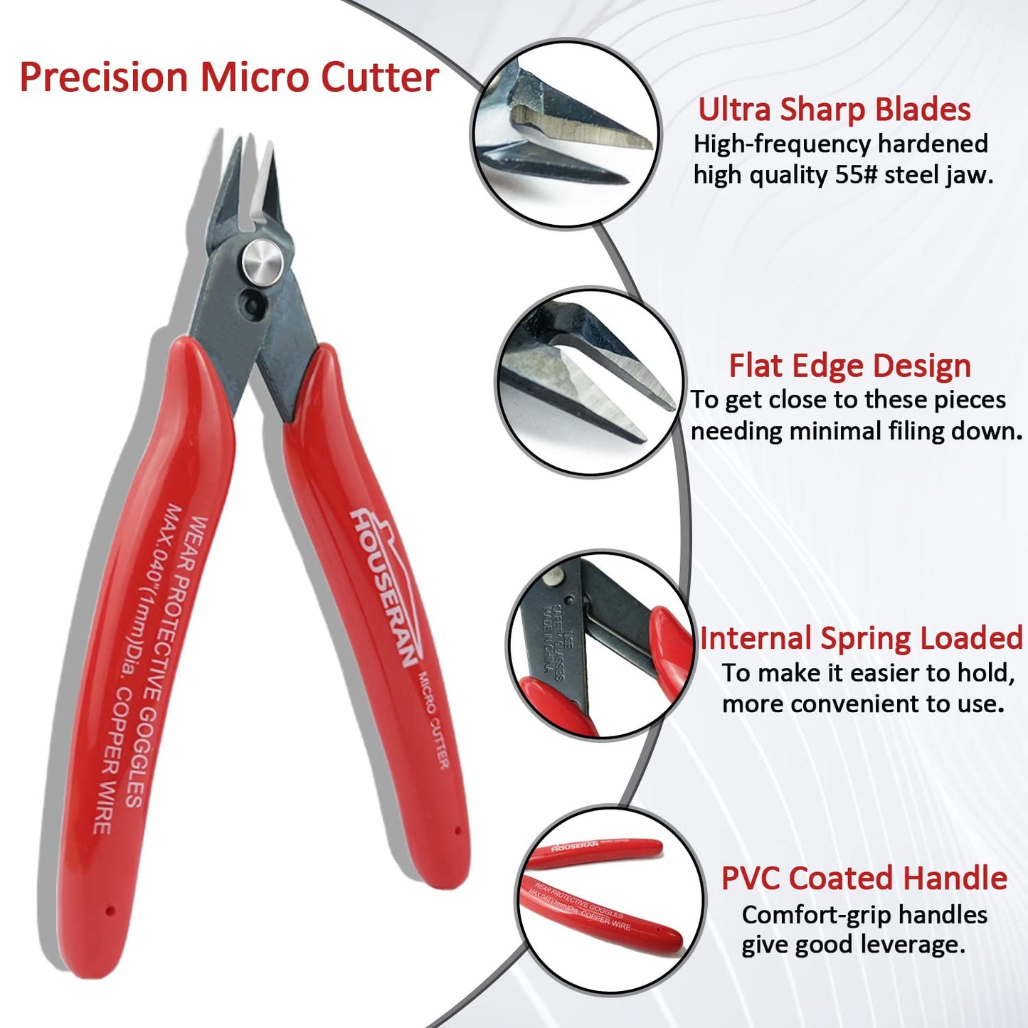 HOUSERAN 10-Pack 5" Micro Flush Wire Cutters, Spring-Loaded Side & Diagonal Pliers for Jewelry, Models, Zip Ties, Plastic Wire
