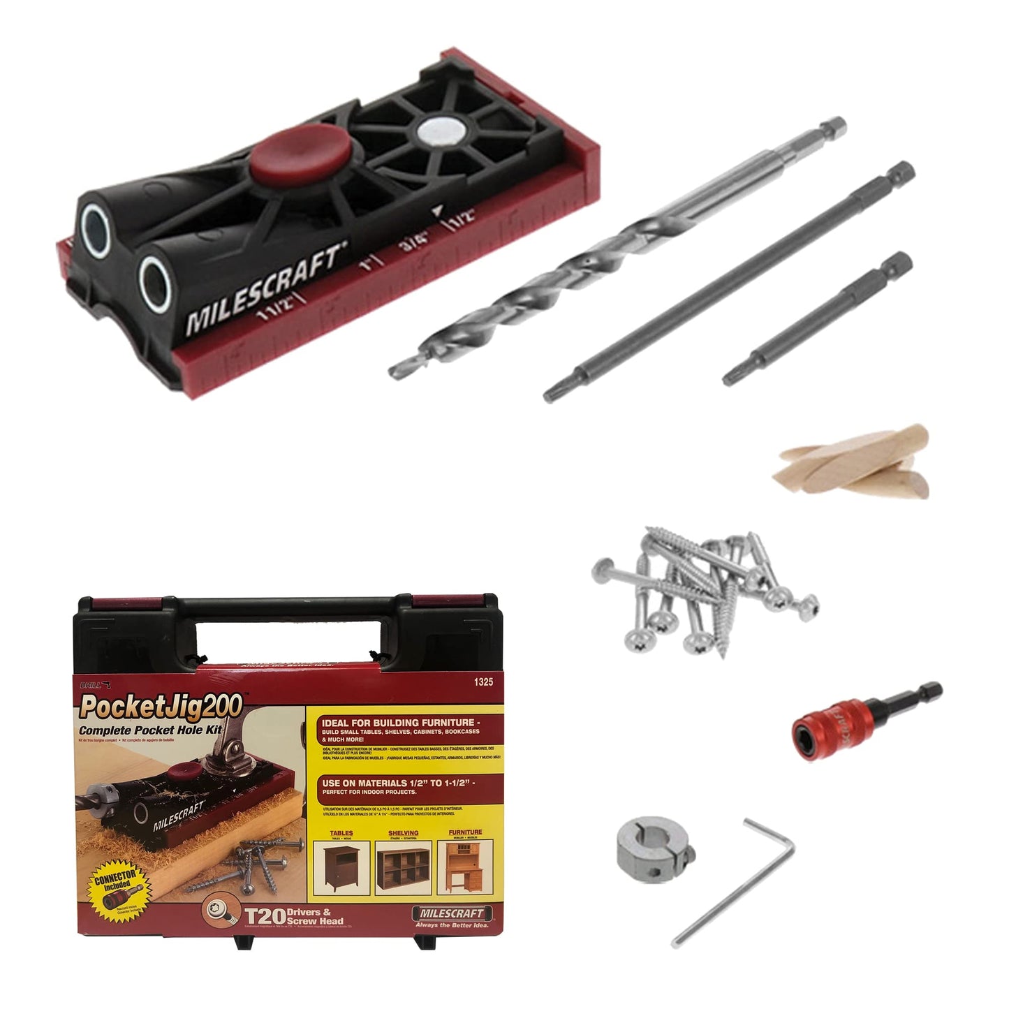Milescraft 1325 Pocket Jig 200 Double Pocket Hole Jig Kit, Easy-Use Drill Guide & Screw Jig with Complete Accessories
