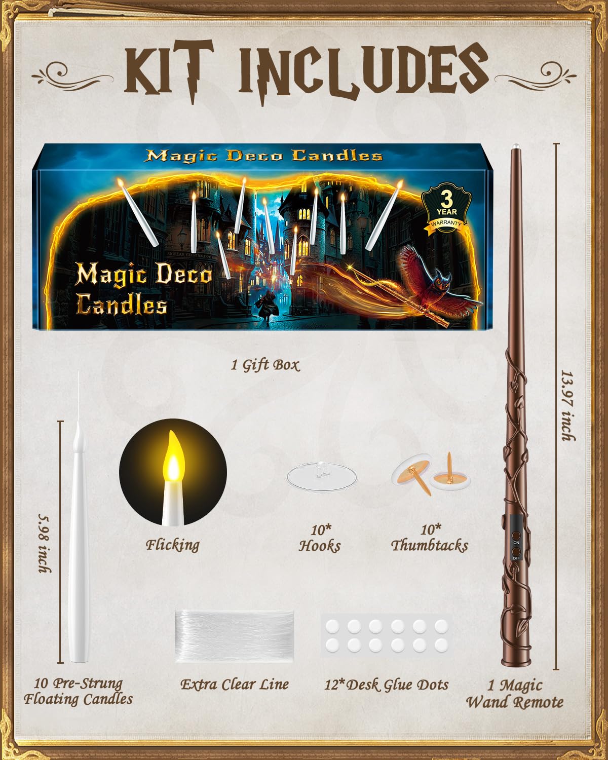 10PCS Floating Magic Candles with Wand – Flameless Hanging Taper Candles, Remote Controlled, Indoor Christmas, Birthday & Wedding Decor