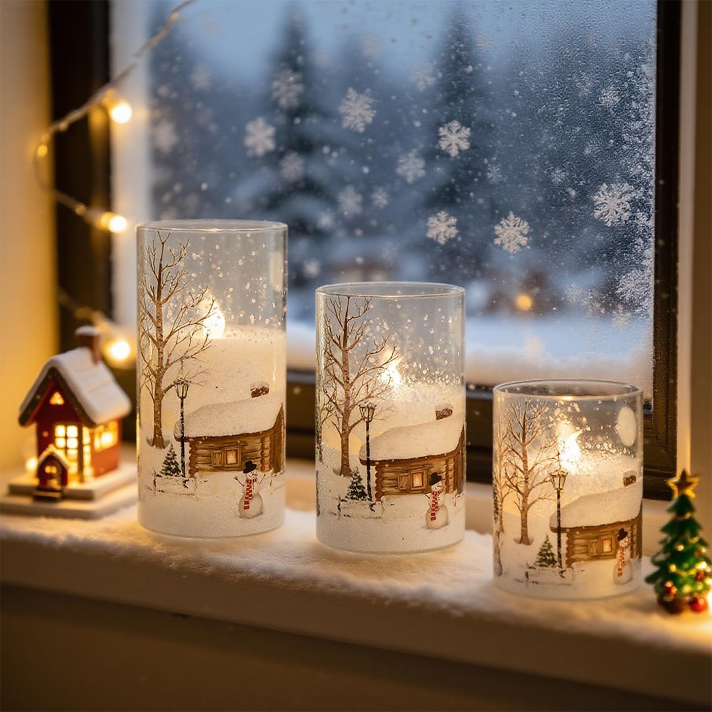 DRomance Snowman Glass Flameless Candles Set of 3 – Real Wax LED Flickering Pillar, Battery Operated with Remote & Timer, White Cold Light, 4/5/6 in