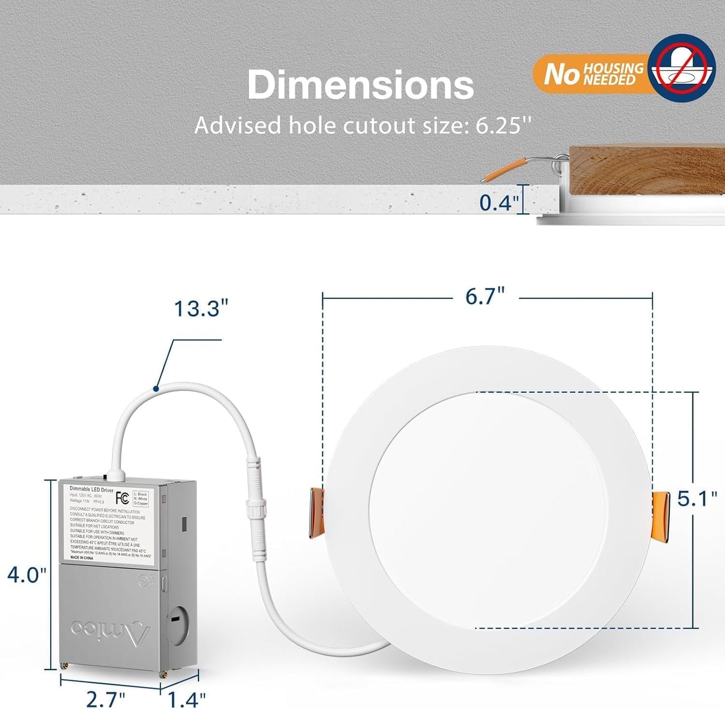 Amico 4-Pack 6" Ultra-Thin LED Recessed Ceiling Light, 5CCT 12W Dimmable Canless Downlight, 1050LM, ETL & FCC, Junction Box