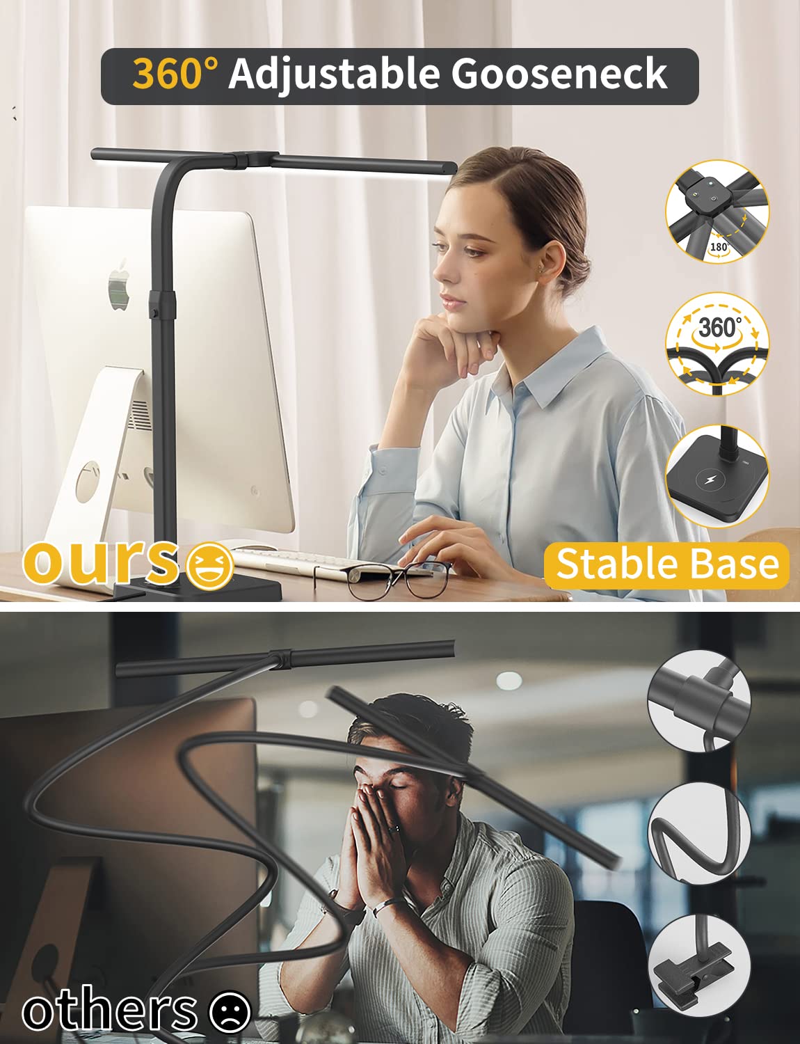 AKRRYR LED Desk Lamp for Home Office, Double Head 24W with Base, Architect Light 5 Lighting Brightness Flexible Gooseneck Table Reading Study, Black