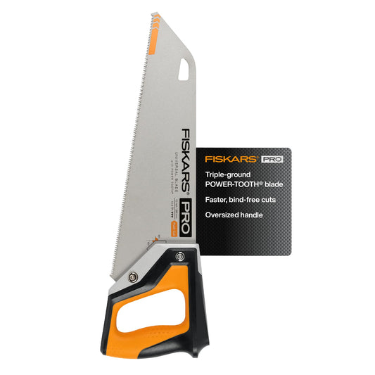 Fiskars Pro Power Tooth Universal Hand Saw - 15" Blade and Safety Sheath - Carpenter Saw - Construction Tools - Orange/Black