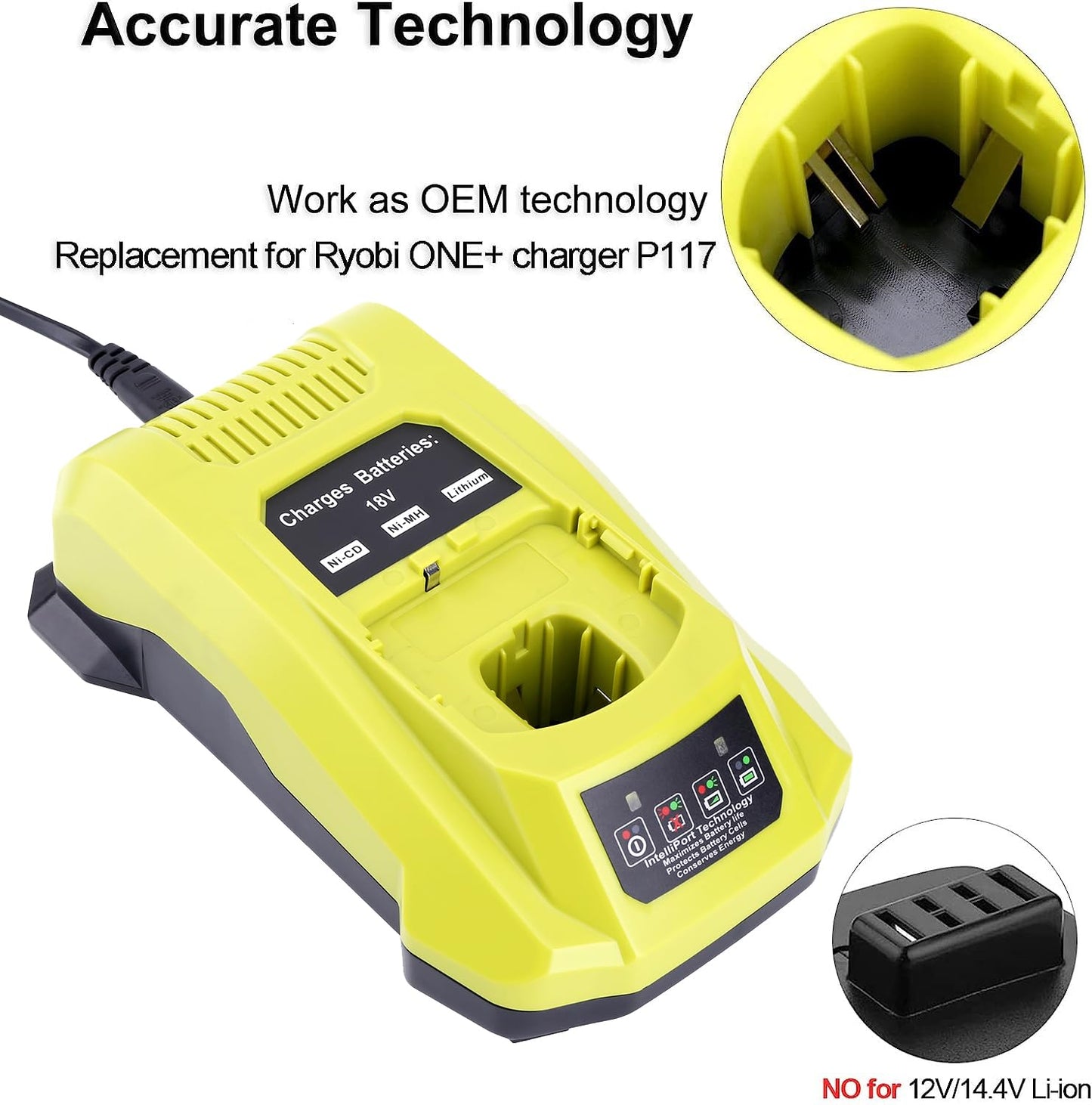 18V P117 Rapid Charger for Ryobi 12V-18V One+ Batteries, Compatible with Lithium-Ion, NiCad, NiMH – P102/P108/P189/P197/P103/P105/P107/P190/P191