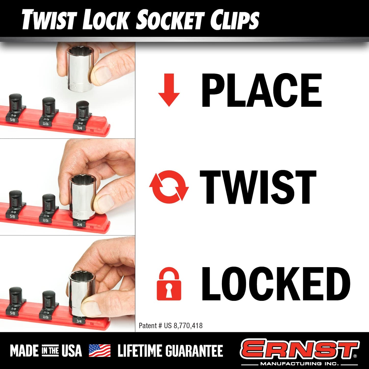 Ernst Manufacturing 3/8-Inch Dura-Pro Twist Lock Socket Clips, 15-Pack, Black - 8441