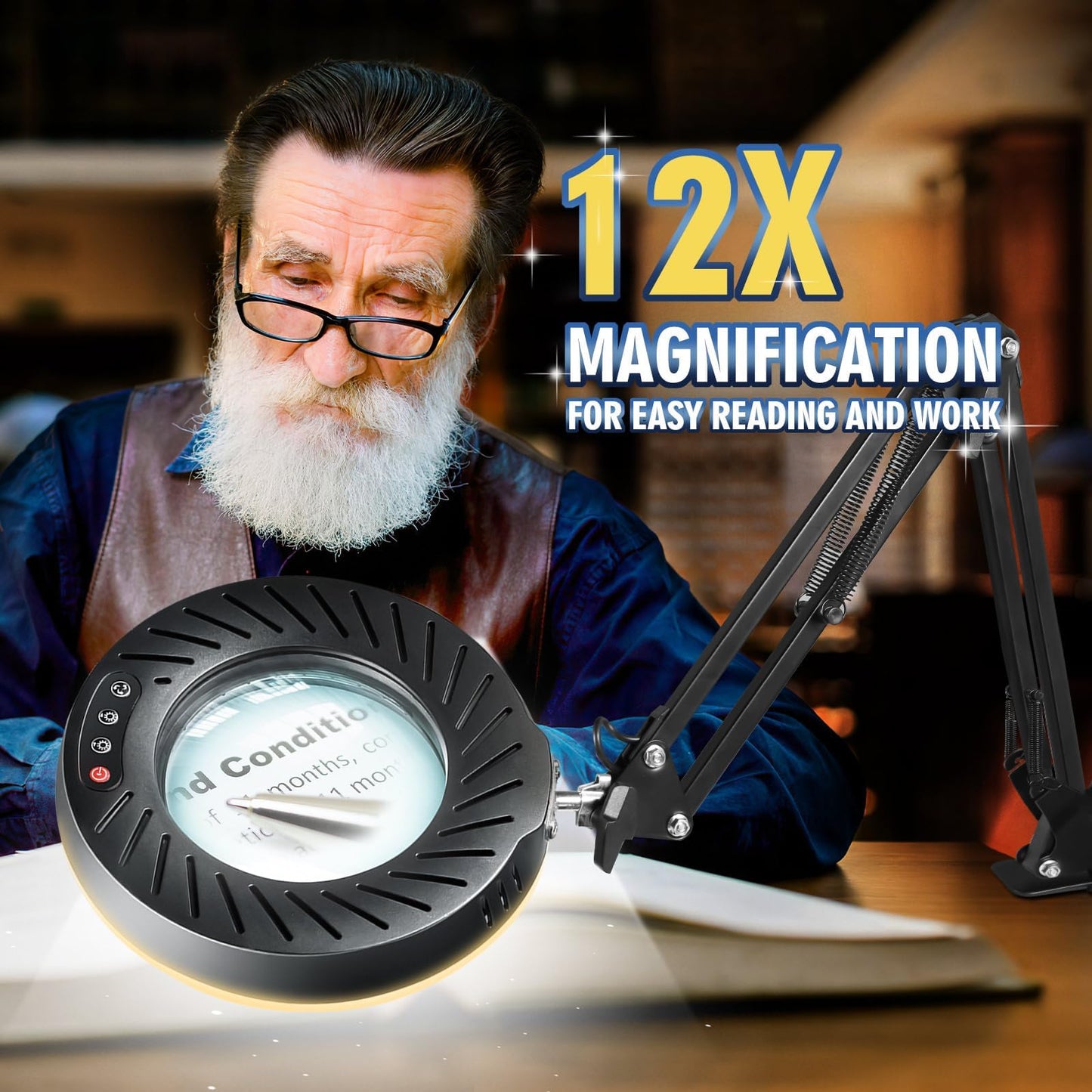 12X Magnifying Glass with Light & Stand, 144 LED Desktop Magnifying Lamp, 10 Dimmable Levels, 5 Color Modes, Hands-Free Metal Desk Lamp for Crafts, Reading & Close Work