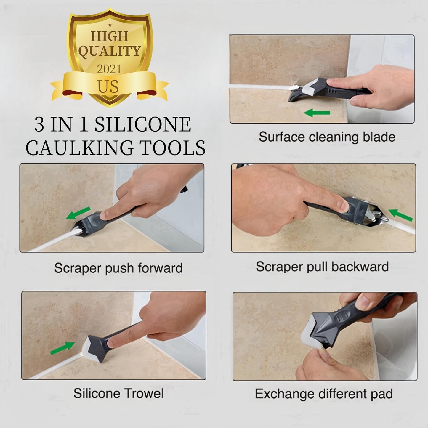 3-in-1 Silicone Caulking Tool Set, Stainless Steel Caulk Remover & Glass Glue Angle Scraper for Kitchen, Bathroom, Windows & Frames