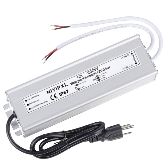 200W LED Driver Waterproof IP67 Power Supply, 90-130V AC to 12V DC, Low Voltage Adapter with 3-Prong Plug & 3.3ft Cable