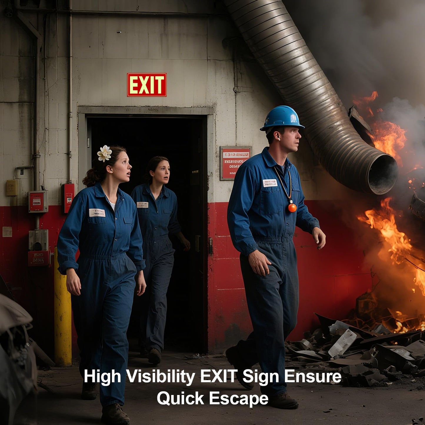 Glow-in-the-Dark Emergency Exit Signs, Self-Adhesive 12x7", Red Photoluminescent, UV Protected, Tear & Scratch Resistant PVC (2 Pack)