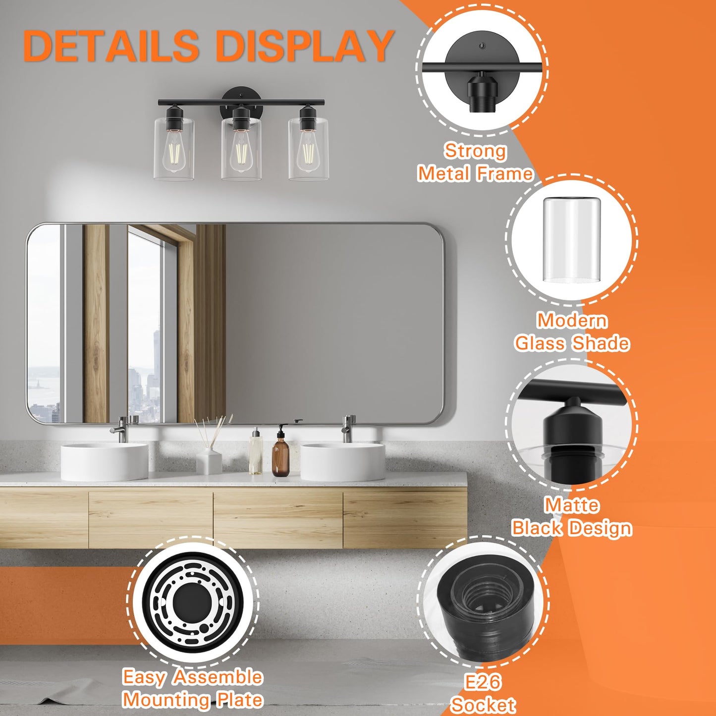 Espird Matte Black 3-Light Bathroom Vanity Fixture, Modern Over-Mirror Wall Sconce with Glass Shades, UL Certified