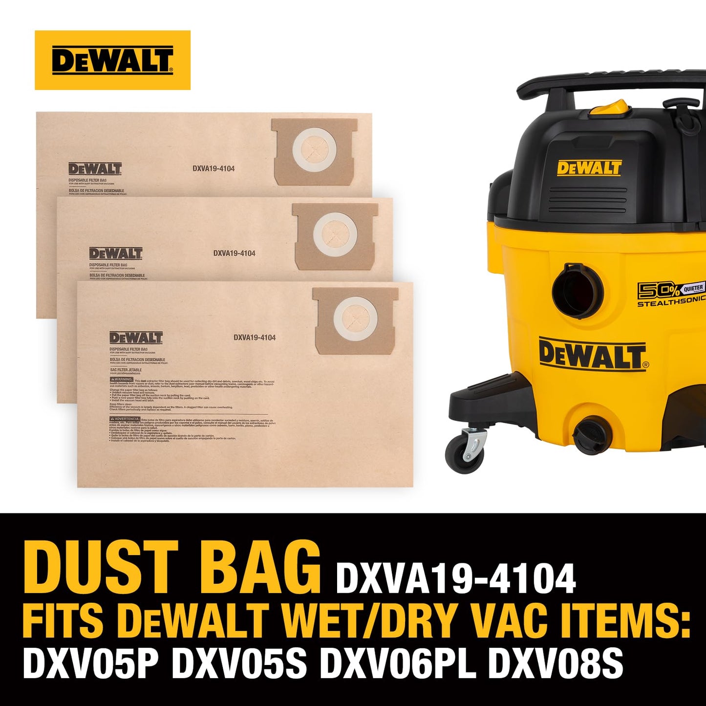 DEWALT DXVA19-4104 Dust Filter Bags 3-Pack, High-Efficiency Replacement for 5-8 Gallon Wet/Dry Vac, Vacuum Dust Collection Bags