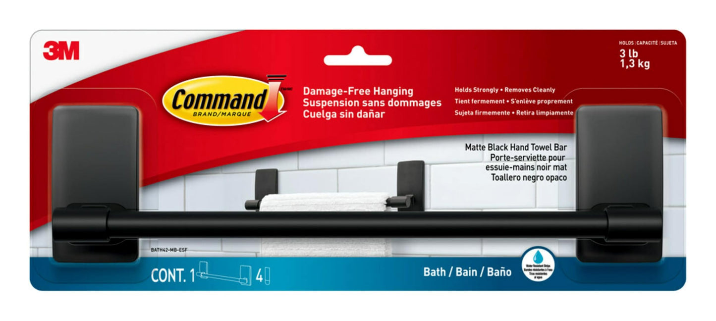 Command Hand Towel Bar Matte Black with Water Resistant Strips, Bathroom Decor, 9 in Bar Length Holds up to 3 lbs