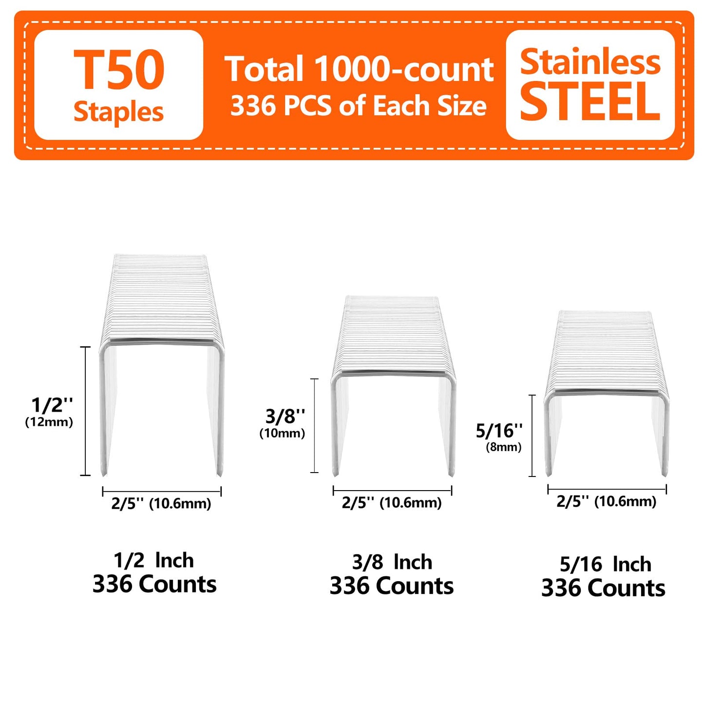 SITLDY Heavy Duty T50 Stainless Steel Staples 1000-Count 3 Sizes for Staple Gun, Includes: 5/16", 3/8", 1/2" Assortment, Combo kit