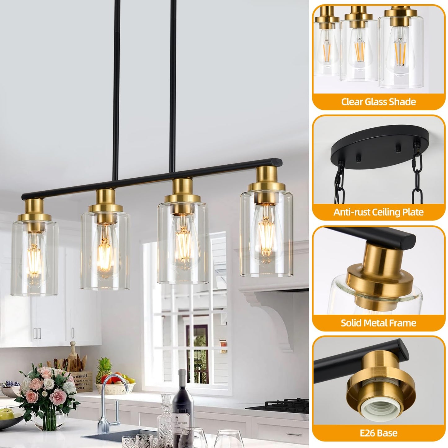 KPIOK 4-Light Island Lights for Kitchen, Farmhouse Linear Chandelier, Matte Black & Gold Industrial Pendant with Clear Glass Shades