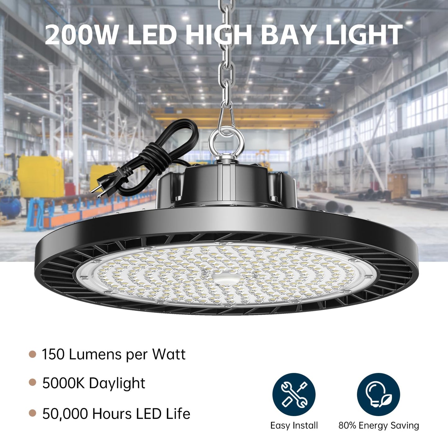 Lvsdak UFO LED High Bay Lights 200W 5000K 30000LM 6-Pack, Plug-in LED Shop Lights for Warehouse, Workshop, Gym, Garage, Barn