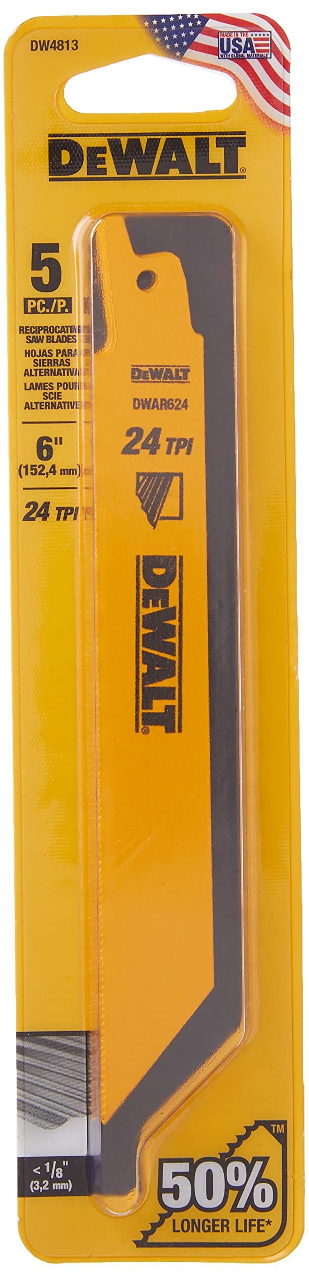 DEWALT Reciprocating Saw Blades, Straight Back, Bi-Metal, 6-Inch 24 TPI, 5-Pack (DW4813)