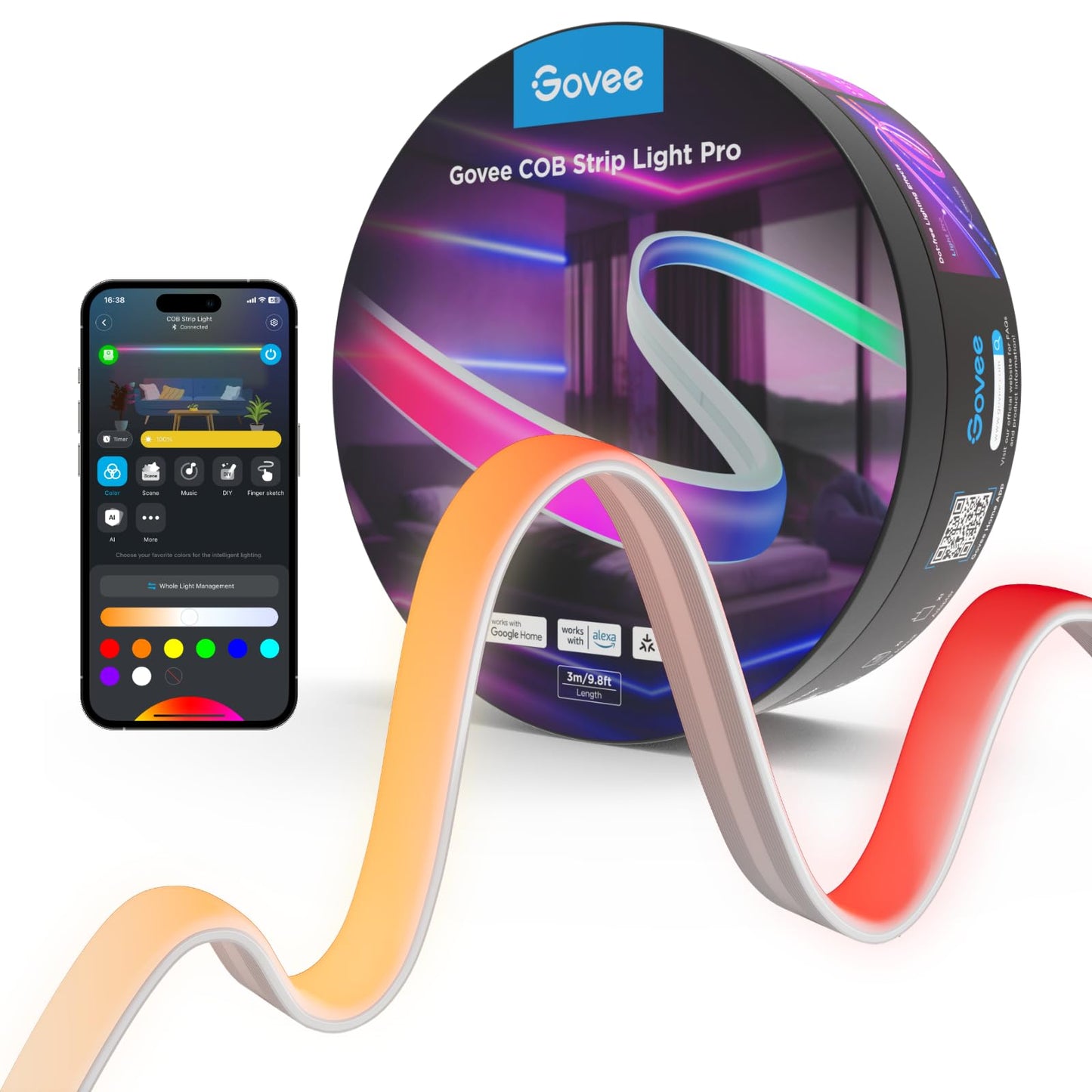 Govee COB LED Strip Light Pro, 9.8ft RGBICW Smart LED for Bedroom, Color Changing, Warm White, Works with Alexa, Google & Matter