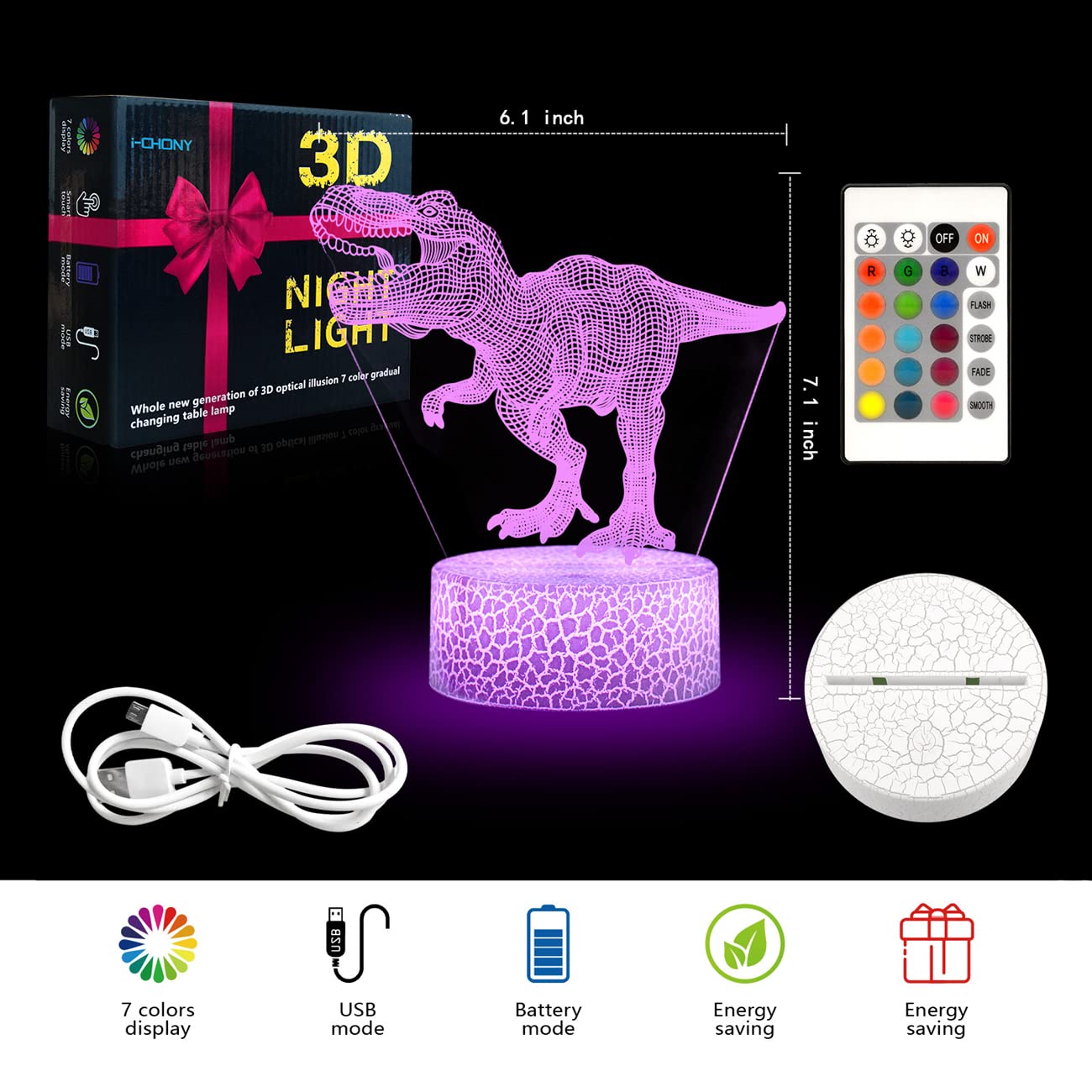 i-CHONY Dinosaur 3D Night Light T-Rex for Kids, 16-Color Dimmable LED Lamp with Remote, Touch Control & USB, Gift for Boys Girls