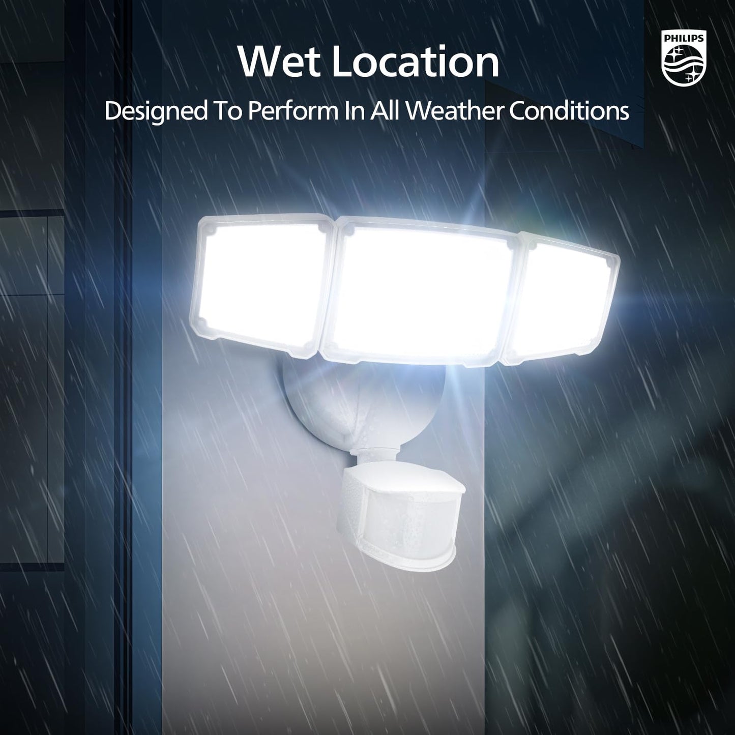 Philips 72W 7400LM LED Security Light with PIR Motion Sensor, 5000K Daylight, 3-Head Outdoor Waterproof Flood Light