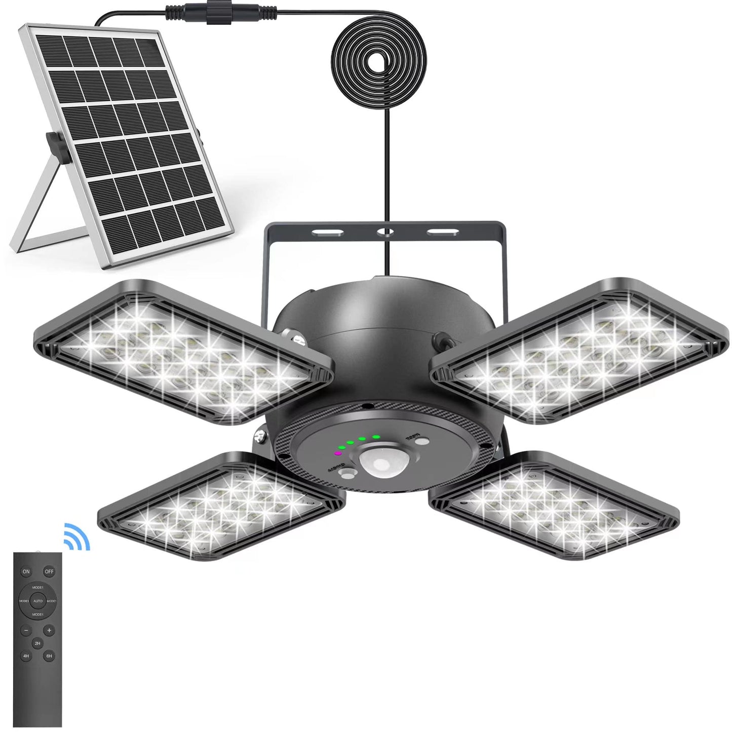 INXPHY Solar Shed Light 1200LM 144 LED Pendant, Motion Sensor, 5 Modes, Remote, 4-Leaf Adjustable Indoor/Outdoor
