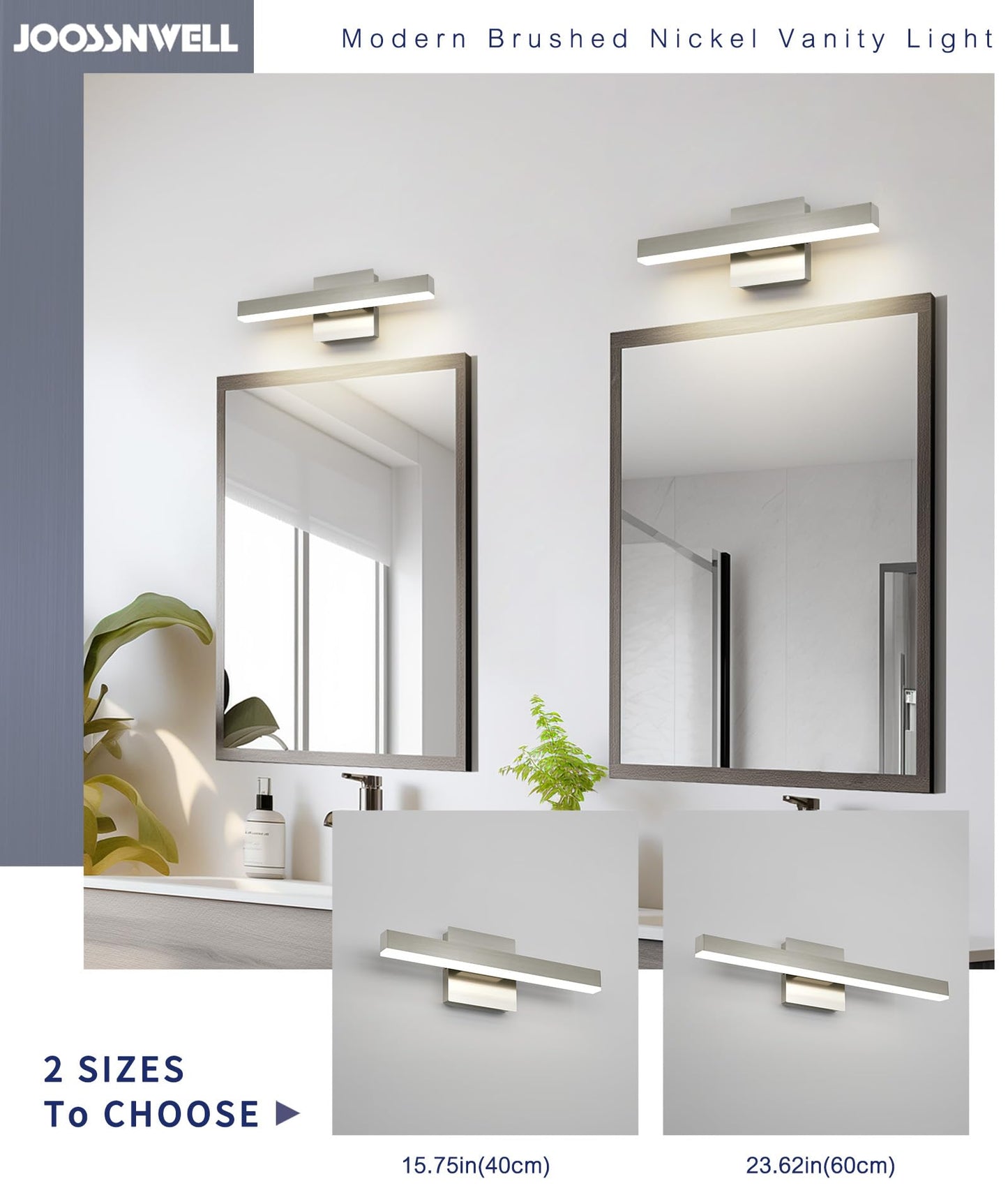 Joossnwell 15.74” Brushed Nickel LED Vanity Light Bar, 5CCT Dimmable Modern Bathroom Fixture, ETL Certified, Over Mirror
