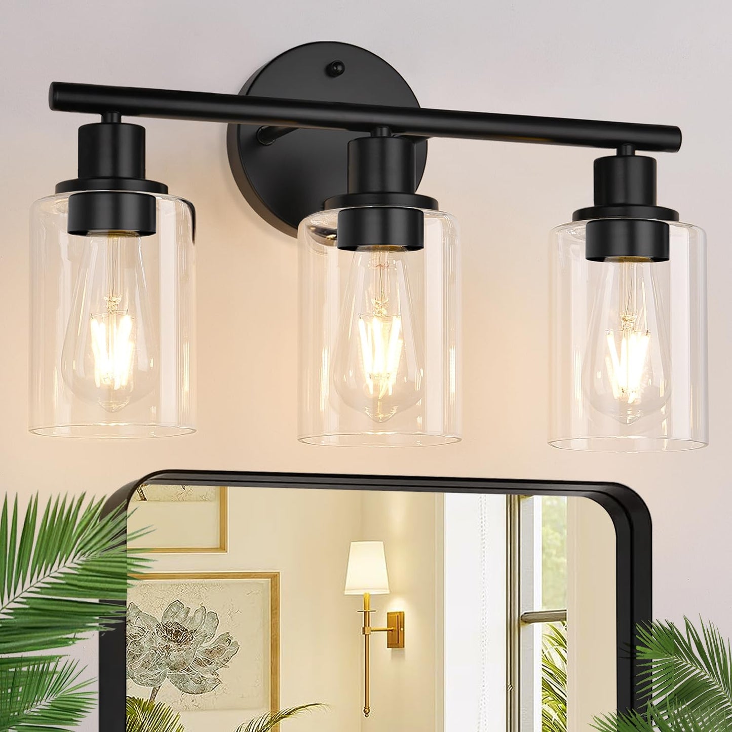 Zarbitta 3-Light Black Bathroom Vanity Light, 17.23" Modern Wall Fixture with Clear Glass Shade for Mirror, Kitchen, Hallway & Porch