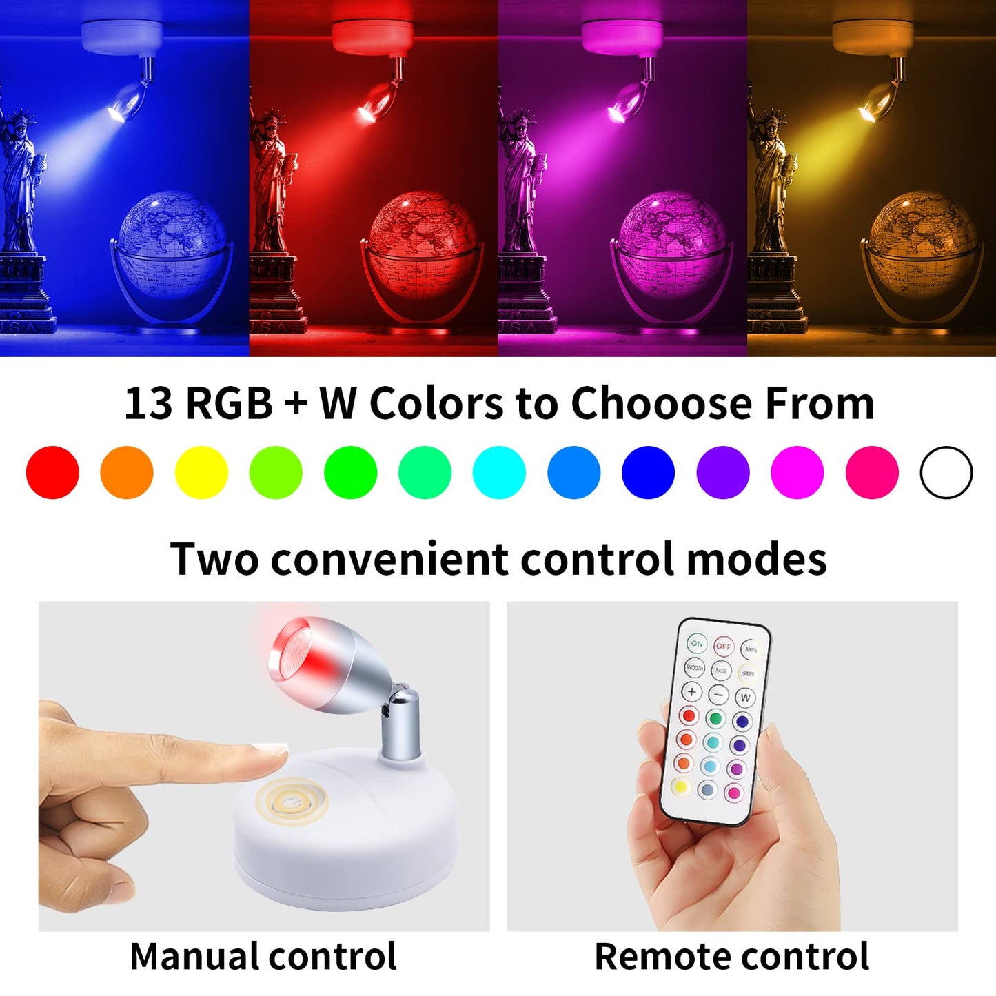 HFCDL Small Spotlight Battery Operated Accent Light with Remote, RGB LED Wireless Little Spot Light Rotatable with Dimmer & Timer for Artwork Painting