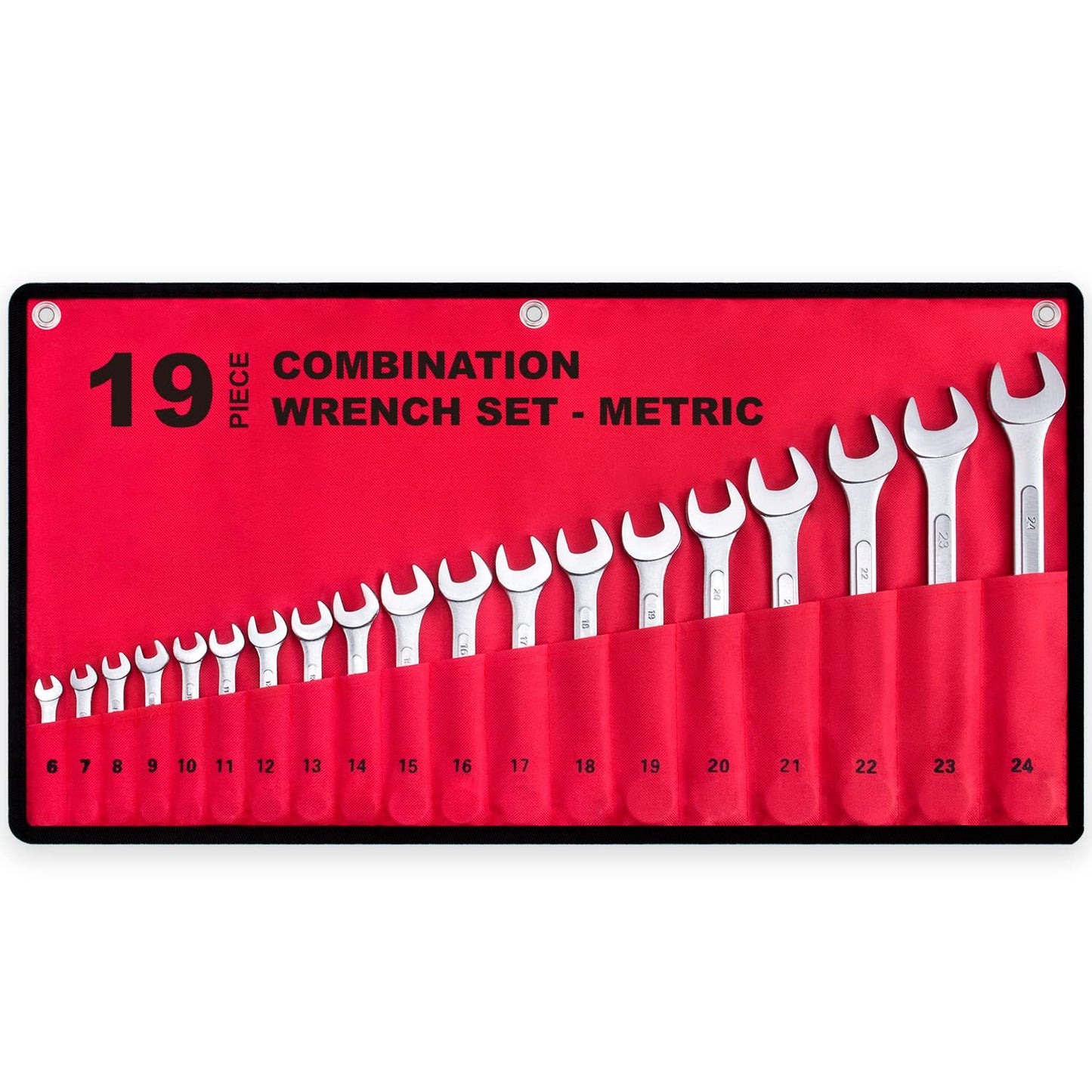 19-Piece Metric Combination Wrench Set 6–24mm, No Skipped Sizes, Roll-Up Pouch, for Garage, Auto Repair & Home Use