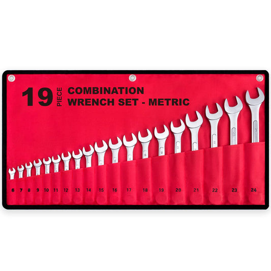 19-Piece Metric Combination Wrench Set 6–24mm, No Skipped Sizes, Roll-Up Pouch, for Garage, Auto Repair & Home Use