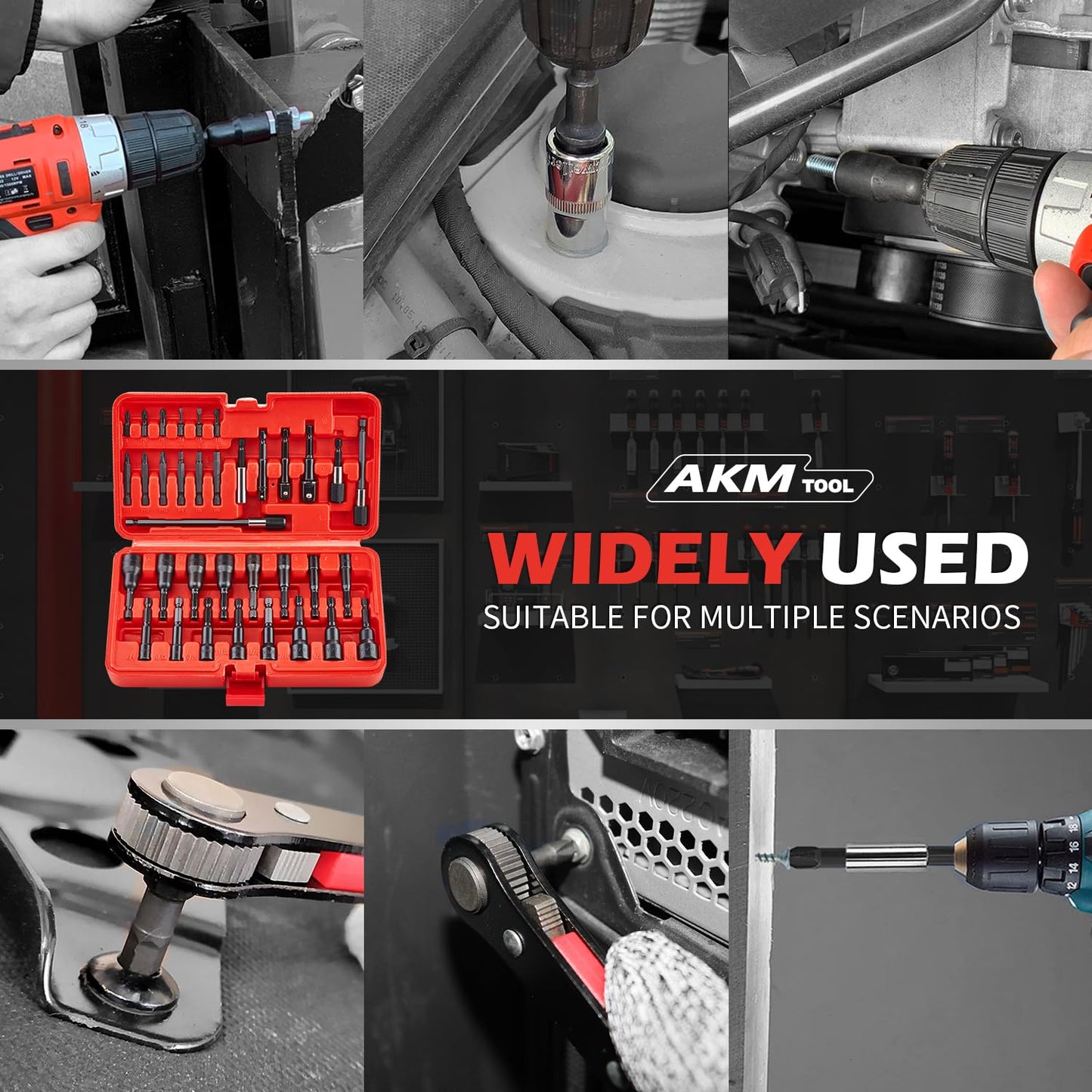 AKM TOOL 35PCS Magnetic Nut Driver Set for Impact Drill, 1/4″ Quick-Change Hex Shank, SAE & Metric Cr-V Steel with Extension & Adapter