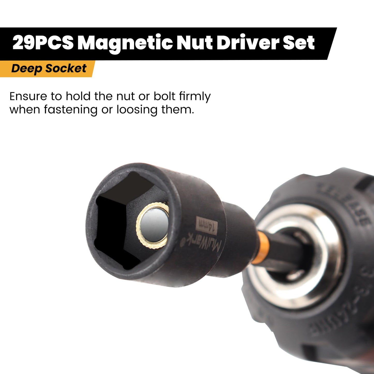 MulWark 29-Piece Magnetic Nut Driver Set, SAE & Metric Impact Drill Socket Adapters with Bit Holder, Quick-Release Extension & Storage Bag