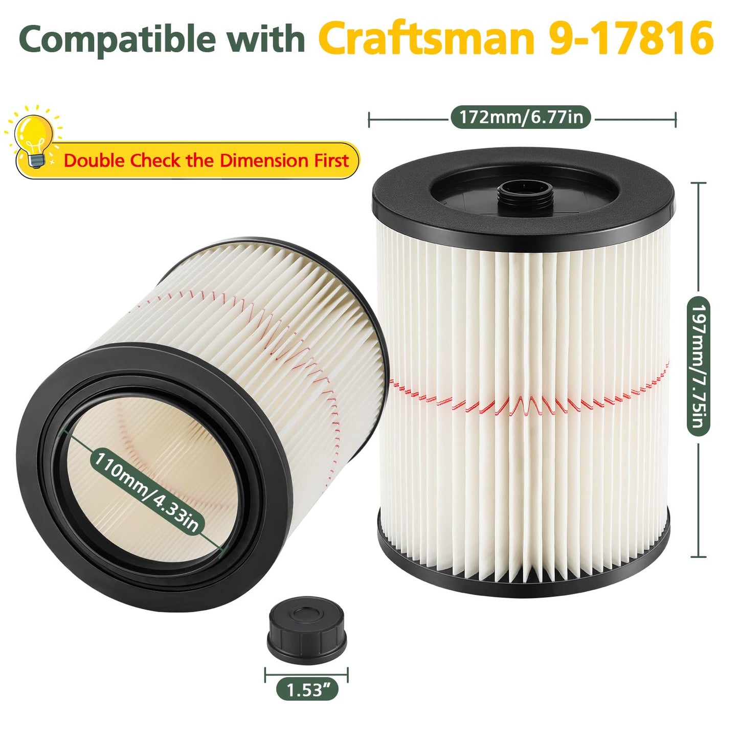 9-17816 Red Stripe Vacuum Cartridge Filter Replacement Compatible with Craftsman Wet/Dry 5/6/8/12/16/32 Gallon and Larger(2 Pack)