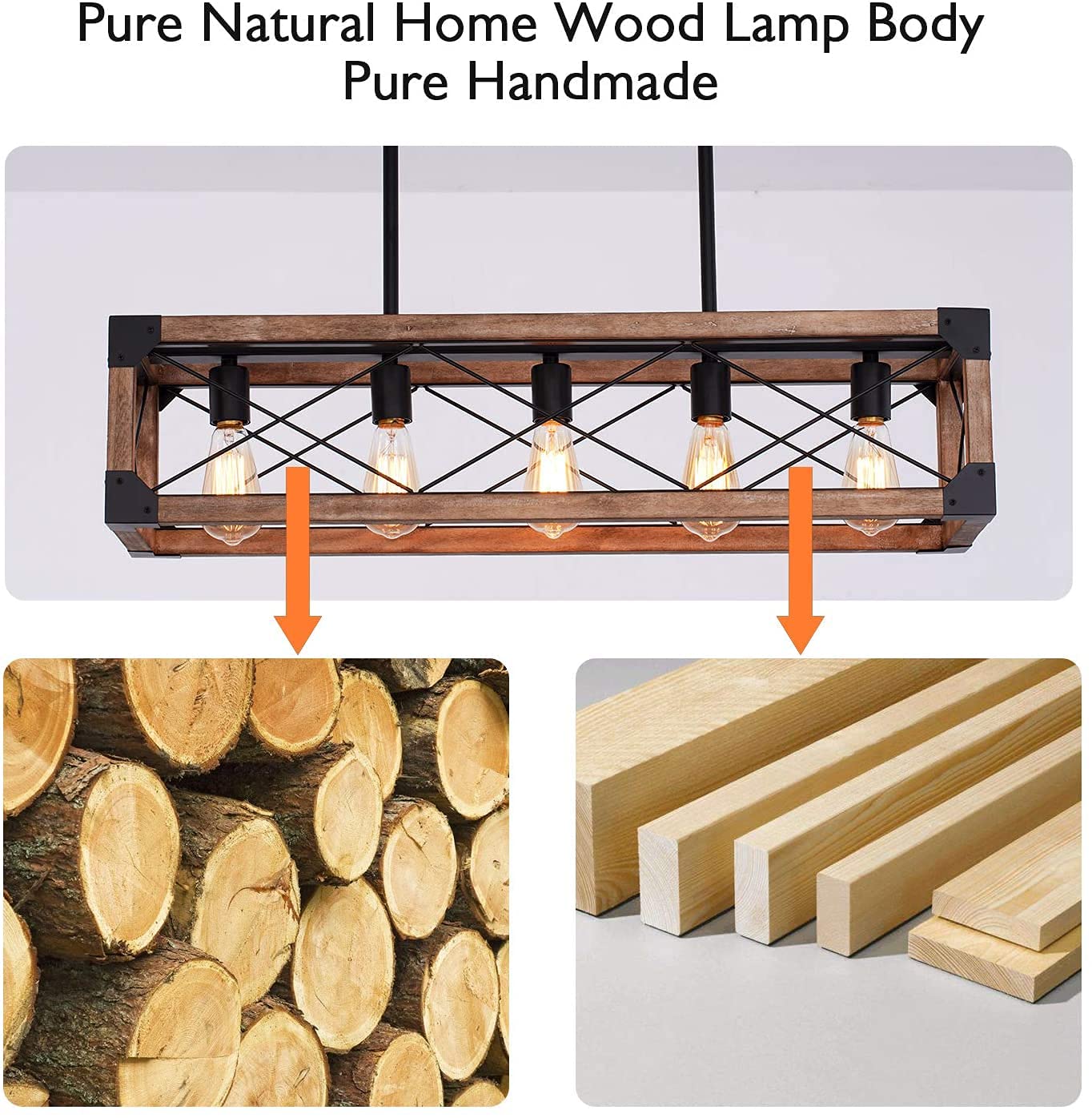 Airposta 33.5" 5-Light Farmhouse Kitchen Island Chandelier, Rustic Wood Grain Industrial Pendant Light for Dining & Pool Table