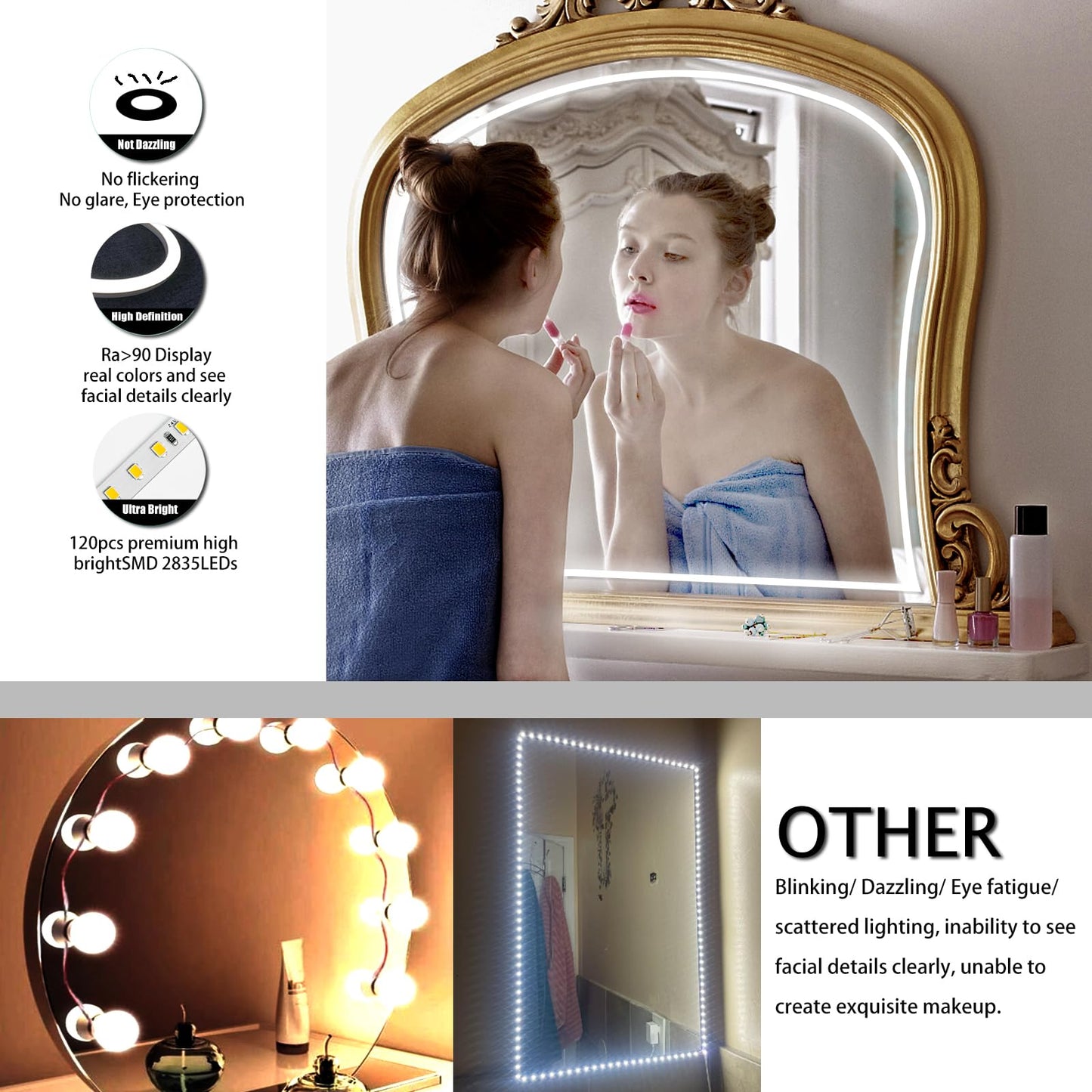 Blikshin LED Vanity Mirror Lights – Hollywood Style, 10FT Dimmable 6000K, Self-Adhesive Strip with 12V Adapter for Makeup & Bathroom