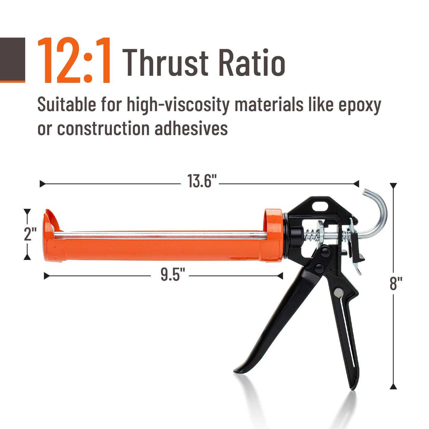 Bates 12:1 Caulking Gun, Black & Orange, No-Drip Silicone & Caulk Tool, Handheld High Thrust Gun for Home & Construction Use