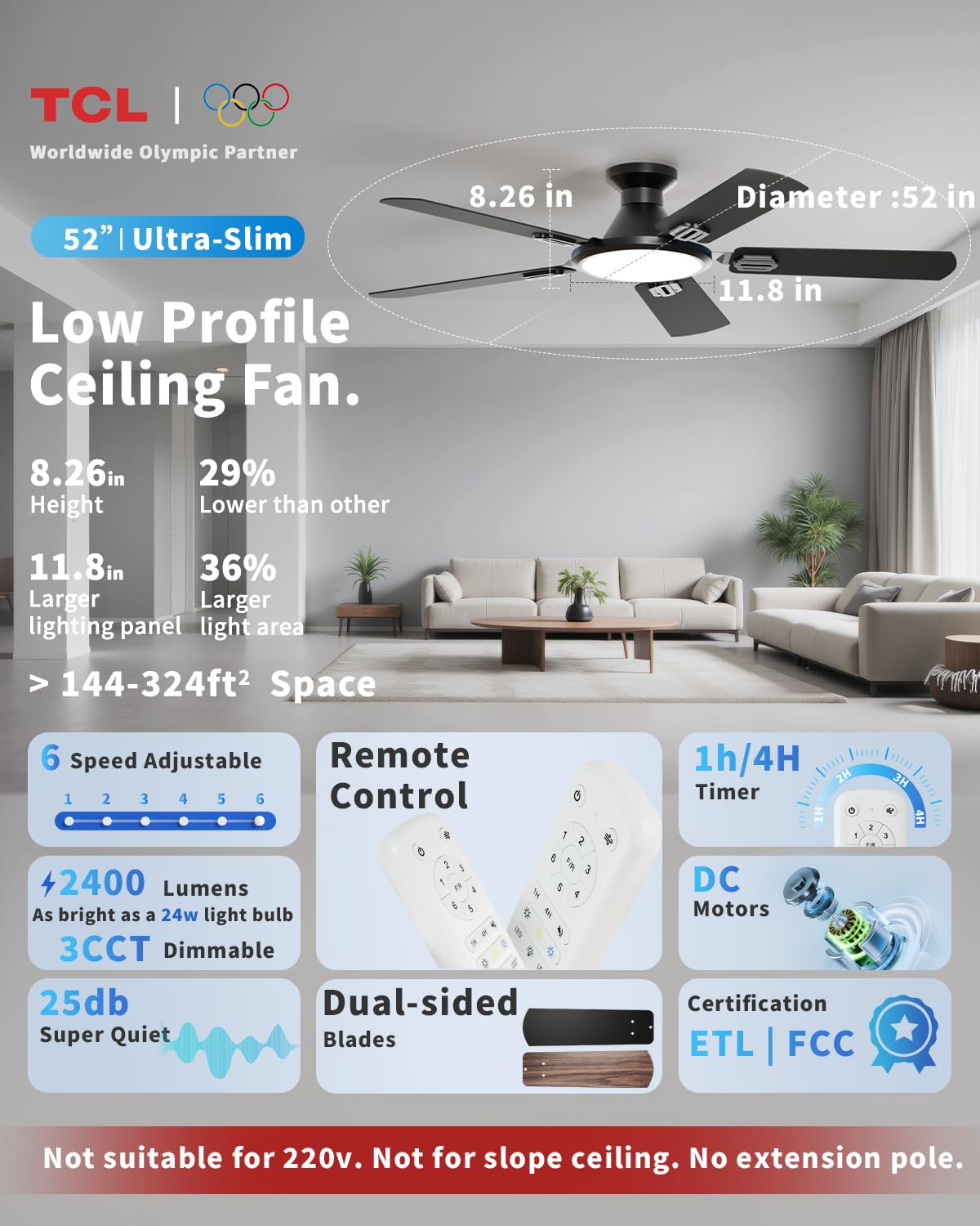 TCL 52" Low Profile Ceiling Fan with Light, Matte Black Flush Mount, Quiet DC Reversible Motor, 6-Speed Remote, Dimmable 3CCT LED