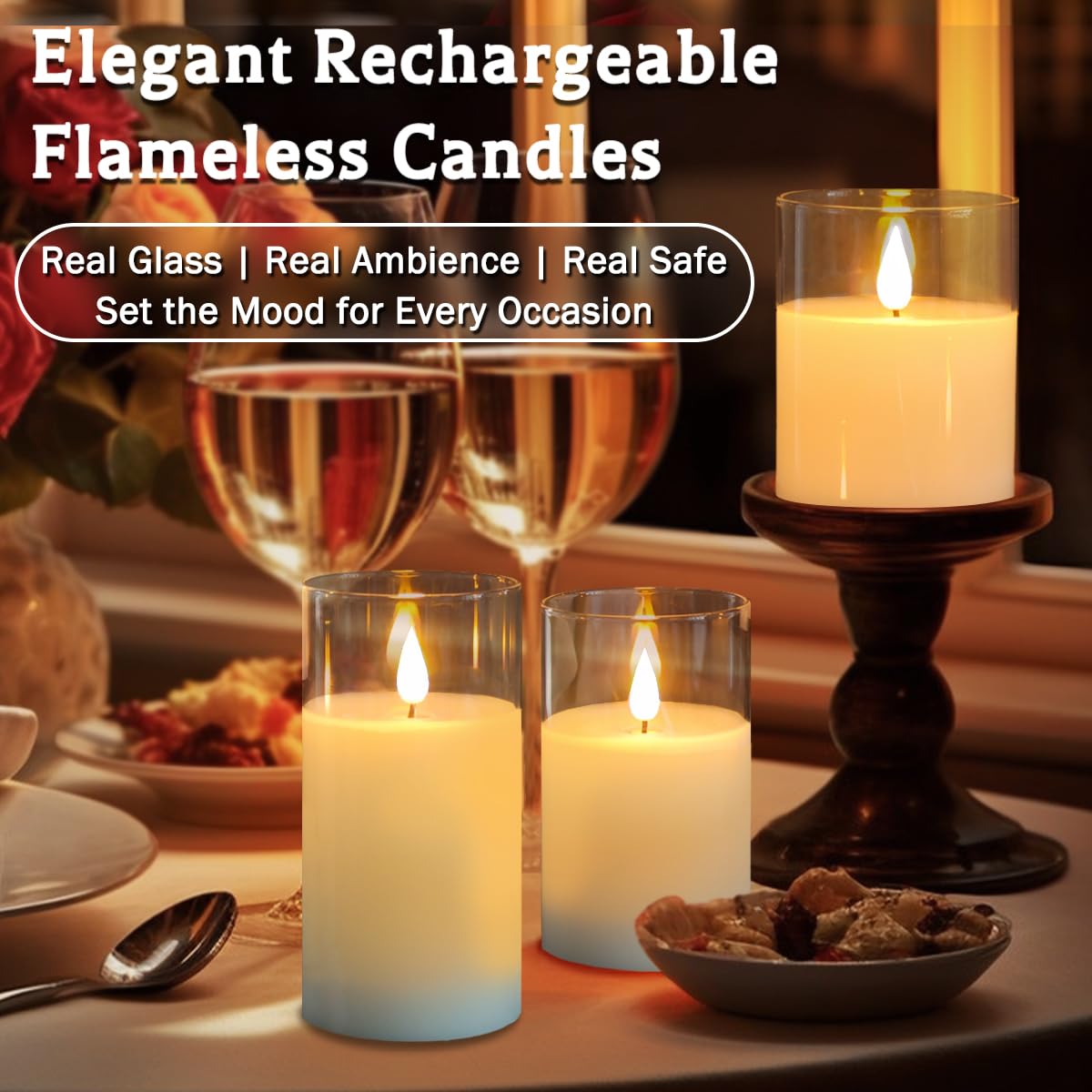 LEDHOLYT Set of 3 Rechargeable Flameless Glass Pillar Candles – Realistic Flicker, Remote & Timer, USB, Perfect for Home & Gifts
