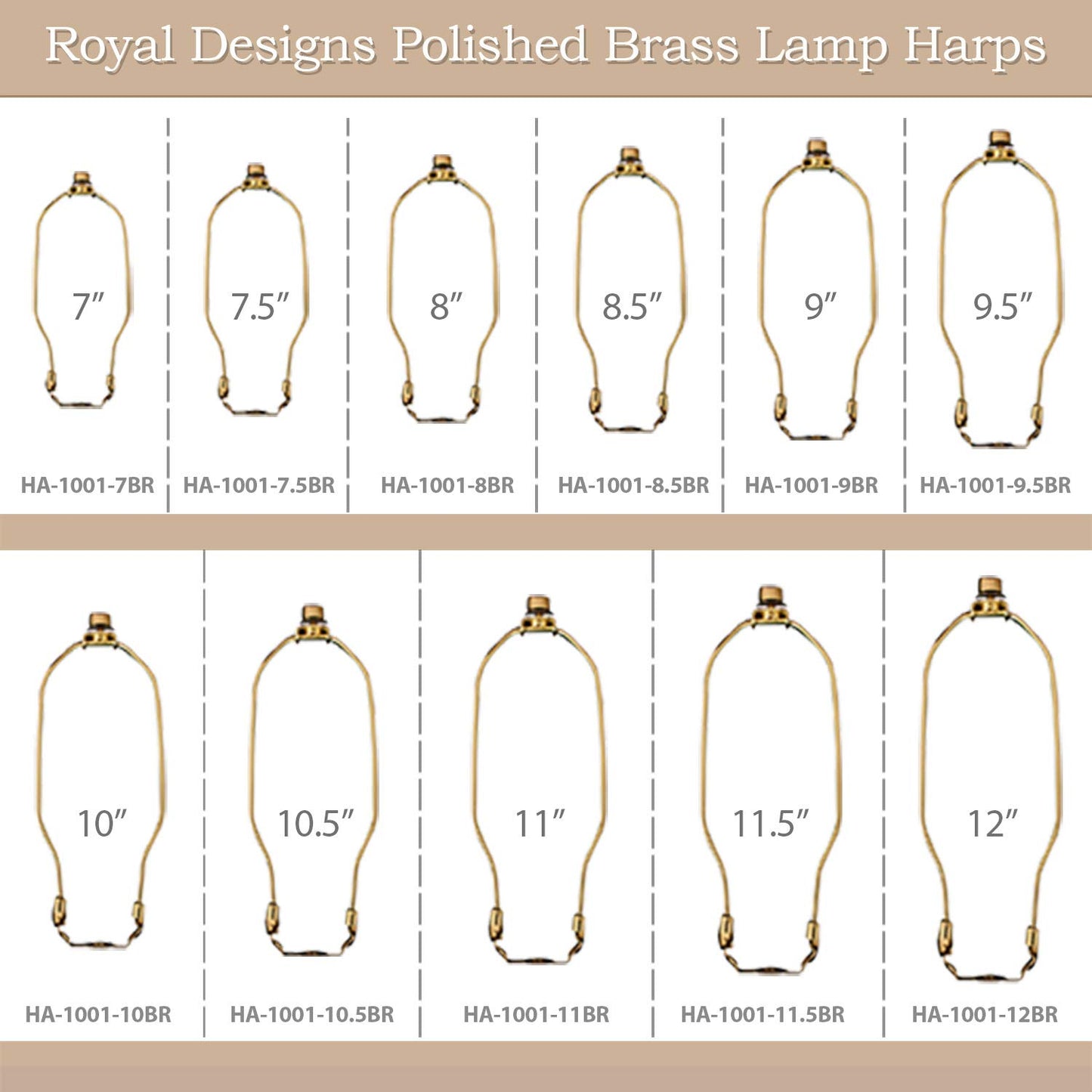 Royal Designs, Inc. HA-1001-11BR-1 Heavy Duty Harp for Lamp Shade Holder, 11 inch, Polished Brass Base